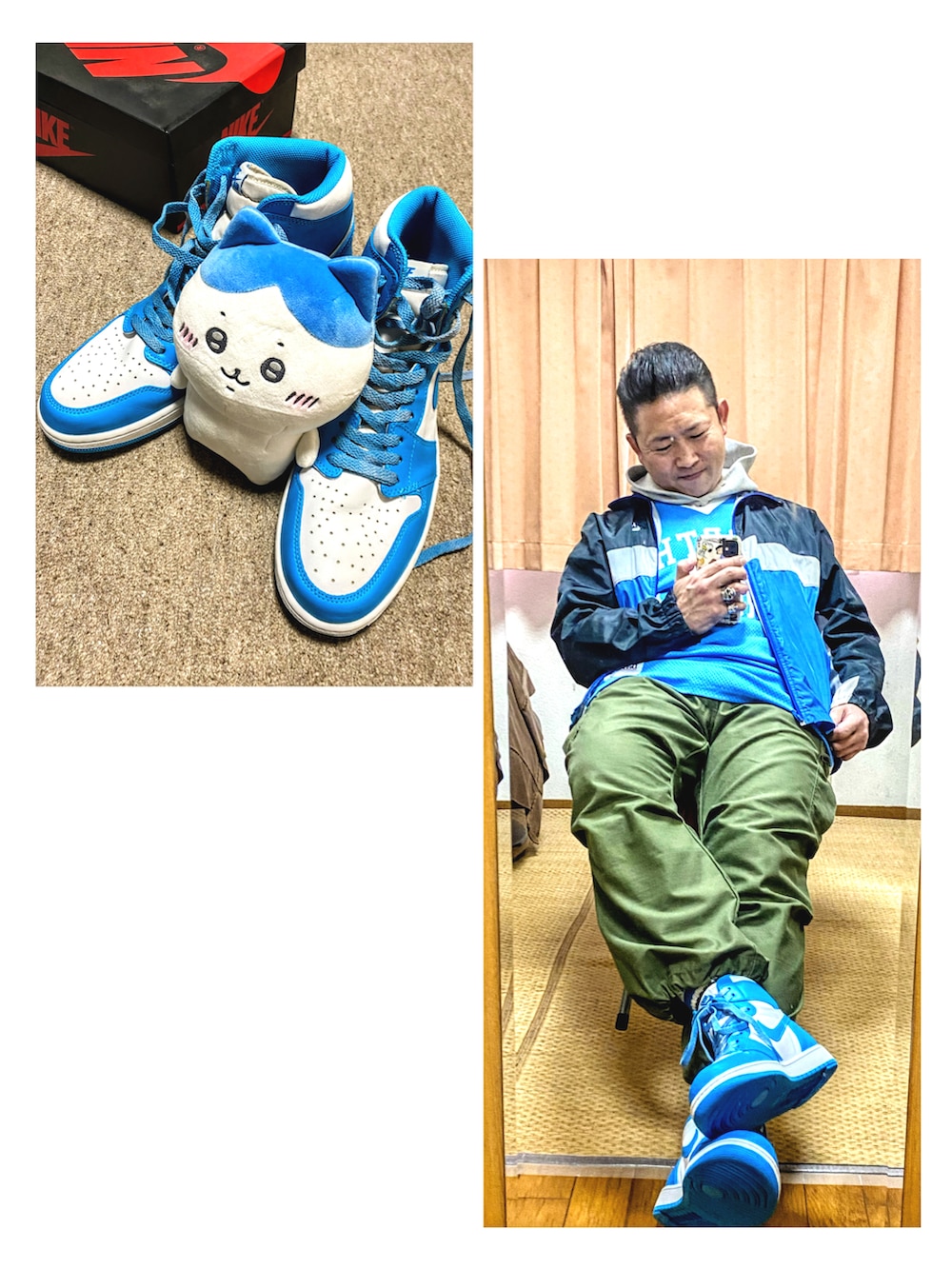 ブルー系のナイロンジャケット、グレー系のパーカー、ブルー系のタンクトップを着用したメンズの冬コーディネートの3枚目の写真