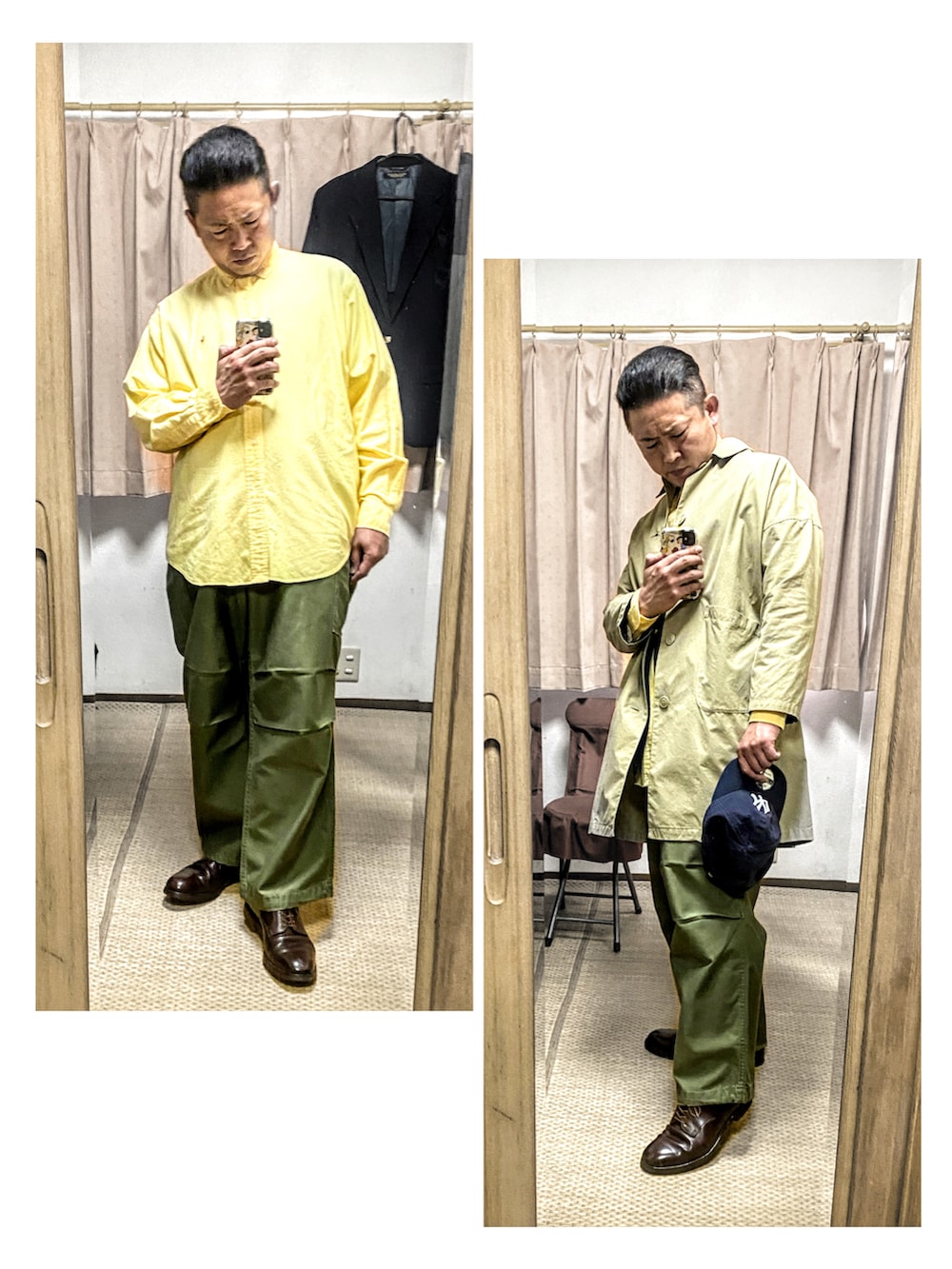 「片手スマホ自撮り研究会🤳✨、我が道をゆく隊、キャップ、お仕事コーデ、アメカジ、きれいめカジュアル、ミリタリートラッド、ビッグシルエット、カーゴパンツ、好きな服を好きなように着る🐷💕、みんな違ってみんないい、双極性障害、北千住アニメが熱い🔥、肉体改造中🐷💦、メルカリ★土日限定SALE★開催中‼️」｜「NEW ERAの🔸ニューエラ　9トゥエンティ アジャスタブル ヤンキースキャップ(紺)  （キャップ、ブラック系）」を使った、おたっし🐷さん（メンズ・174cm）の春コーディネートの2枚目の写真