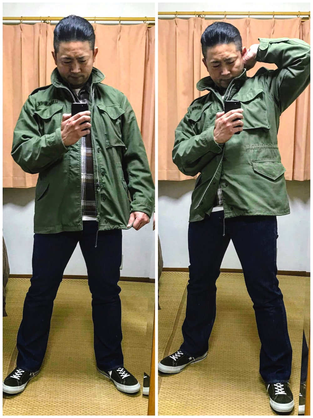 ブラック系のその他アウター、グリーン系のミリタリージャケット、ブラウン系のシャツ/ブラウスを着用したメンズの冬コーディネートの2枚目の写真