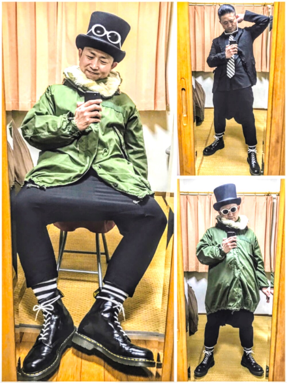 グリーン系のモッズコート、ブラック系のテーラードジャケット、ブラック系のシャツ/ブラウスを着用したメンズの秋コーディネートの3枚目の写真