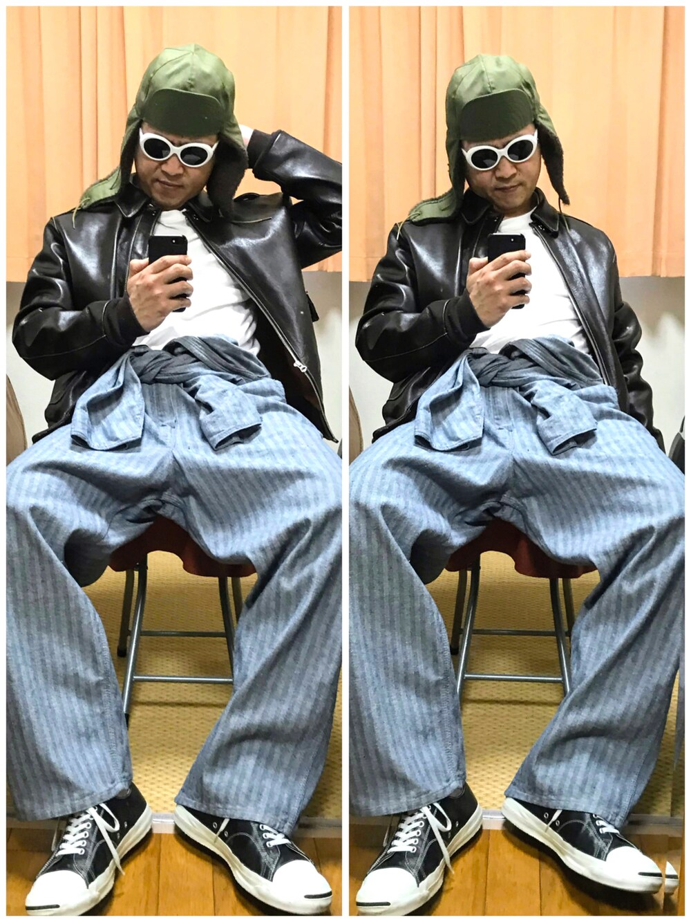 ブラウン系のミリタリージャケット、ブルー系のつなぎ/オールインワン、ホワイト系のTシャツ/カットソーを着用したメンズの秋コーディネートの4枚目の写真