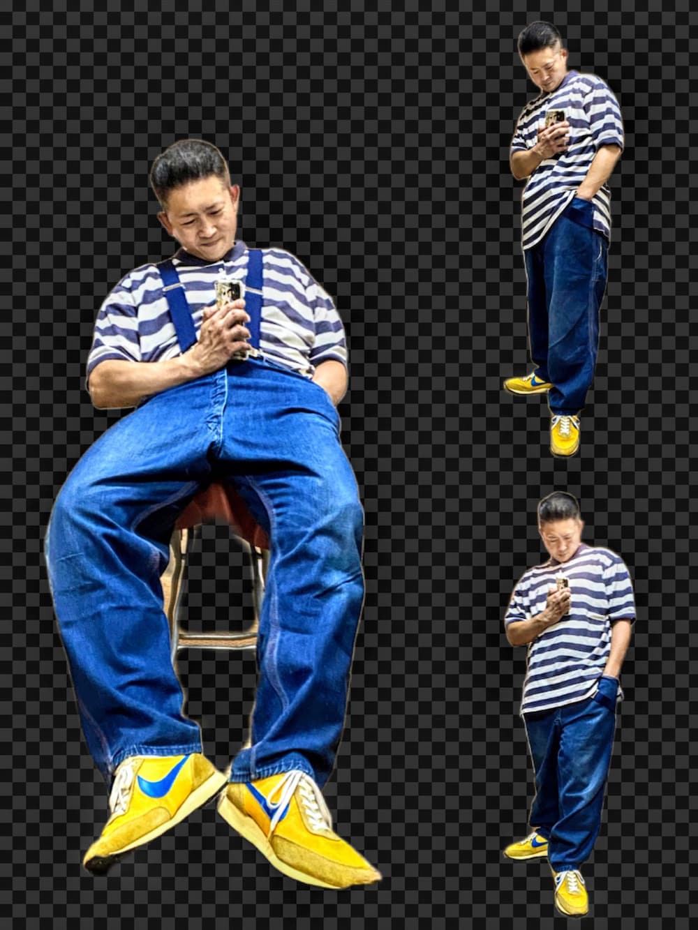 ブルー系のポロシャツ、ブルー系のデニムパンツ、イエロー系のスニーカーを着用したメンズの夏コーディネートの3枚目の写真