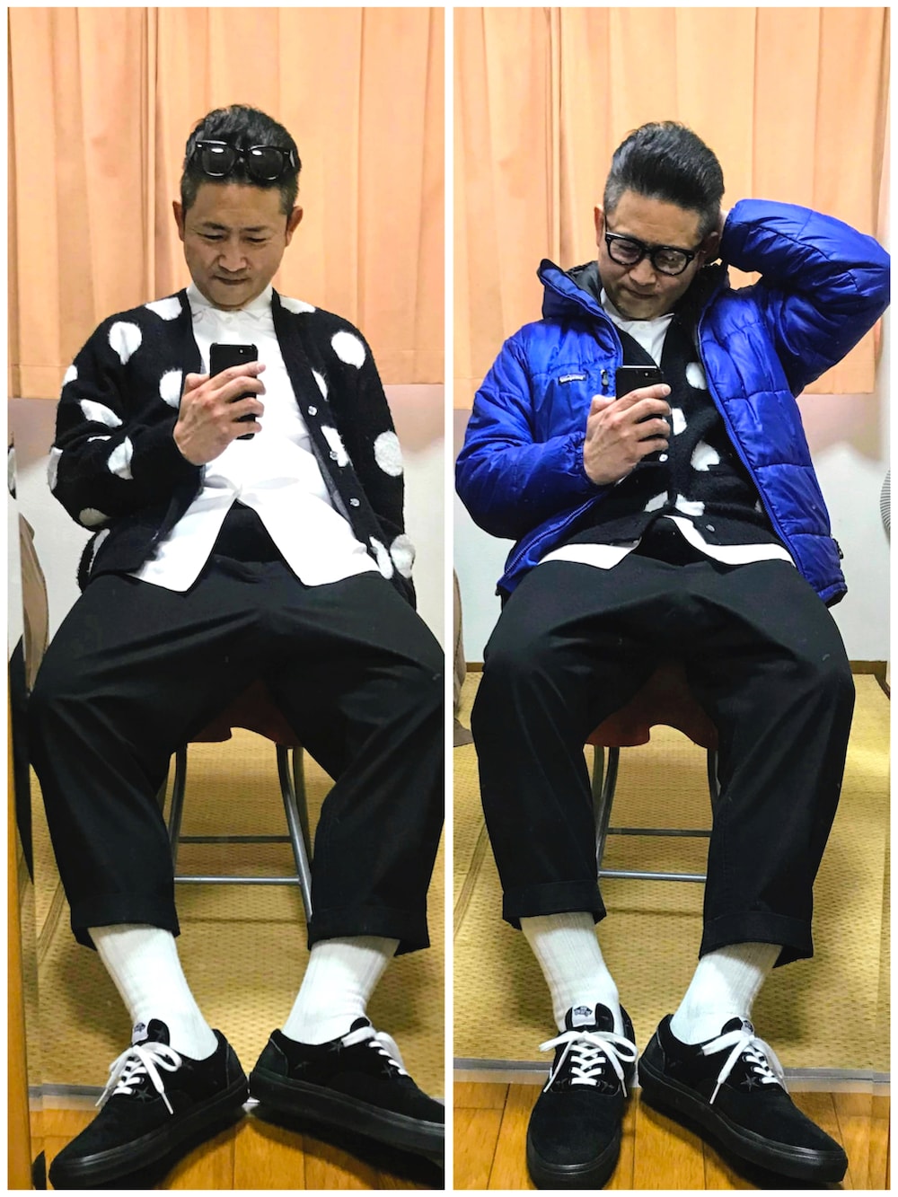 ブルー系のダウンジャケット/コート、ブラック系のカーディガン/ボレロ、ホワイト系のシャツ/ブラウスを着用したメンズの冬コーディネートの2枚目の写真