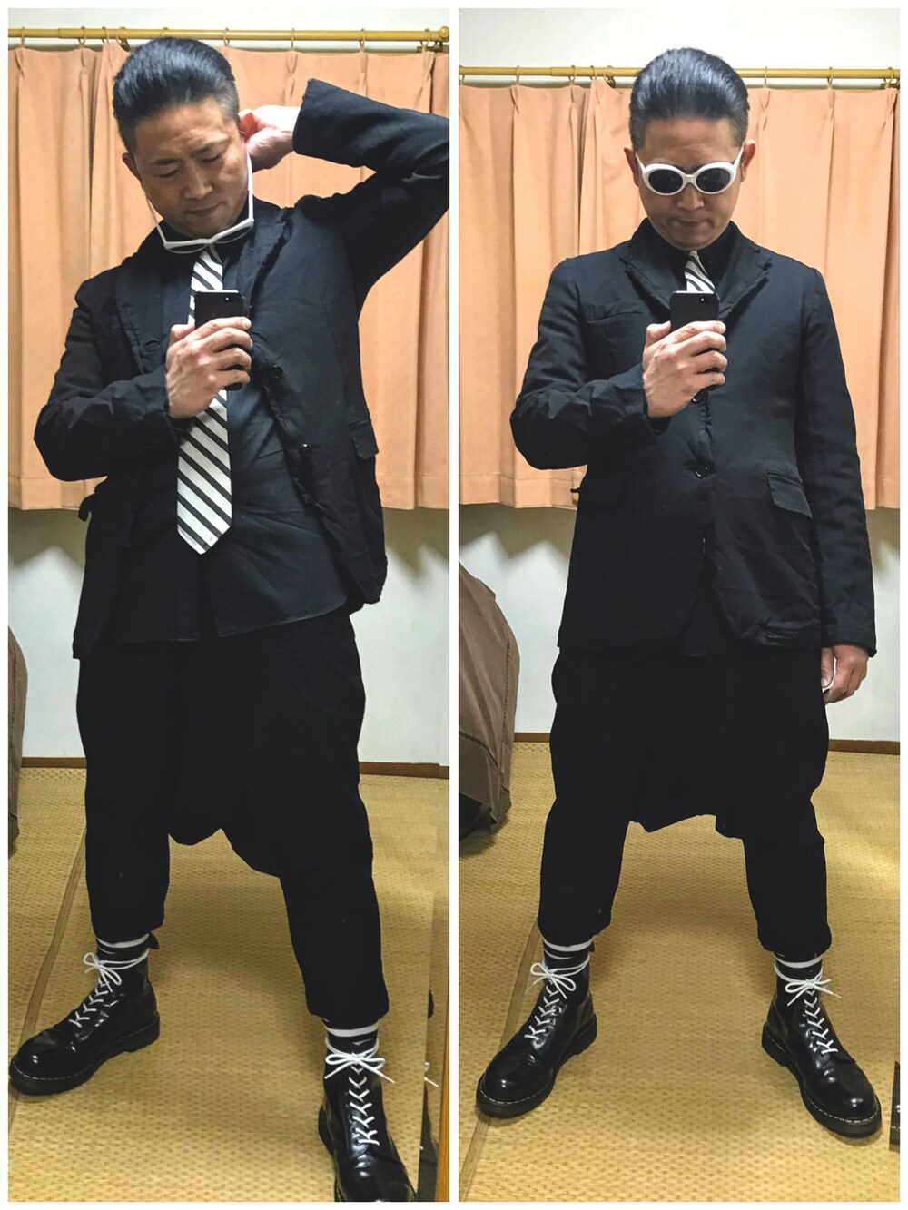 グリーン系のモッズコート、ブラック系のテーラードジャケット、ブラック系のシャツ/ブラウスを着用したメンズの秋コーディネートの2枚目の写真