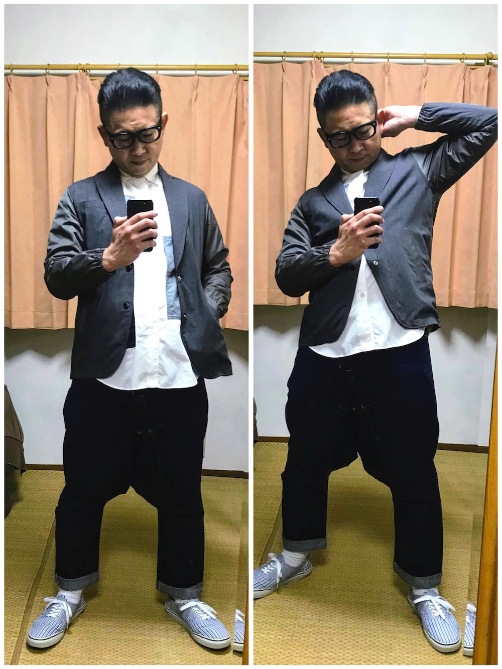 グリーン系のミリタリージャケット、グレー系のテーラードジャケット、ホワイト系のシャツ/ブラウスを着用したメンズの冬コーディネートの2枚目の写真