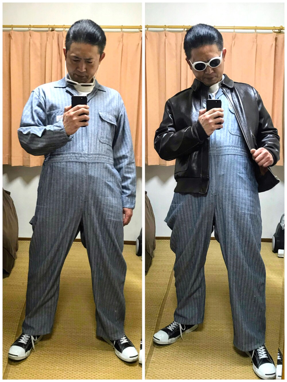 ブラウン系のミリタリージャケット、ブルー系のつなぎ/オールインワン、ホワイト系のTシャツ/カットソーを着用したメンズの秋コーディネートの2枚目の写真