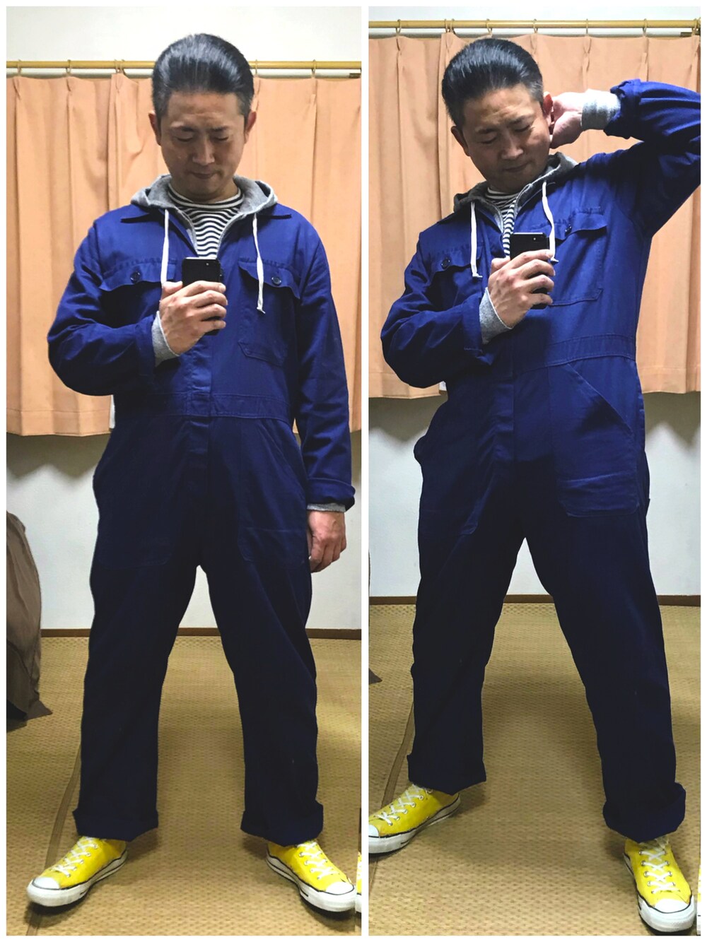 ブルー系のつなぎ/オールインワン、ブルー系のセットアップ、グレー系のパーカーを着用したメンズの冬コーディネートの3枚目の写真