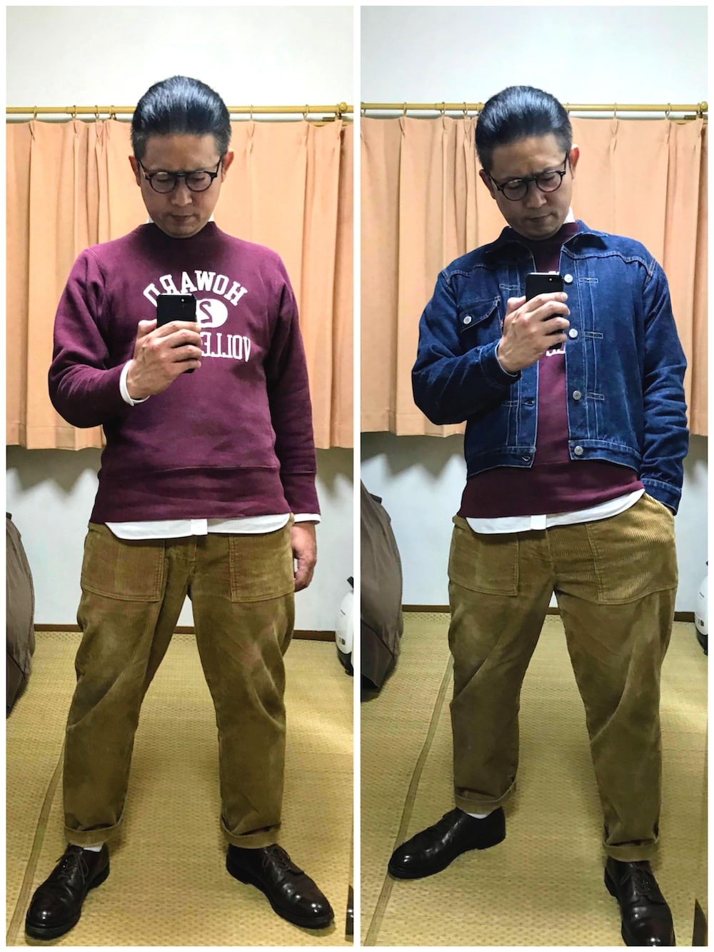 ブルー系のデニムジャケット、レッド系のスウェット、ホワイト系のシャツ/ブラウスを着用したメンズの秋コーディネートの2枚目の写真