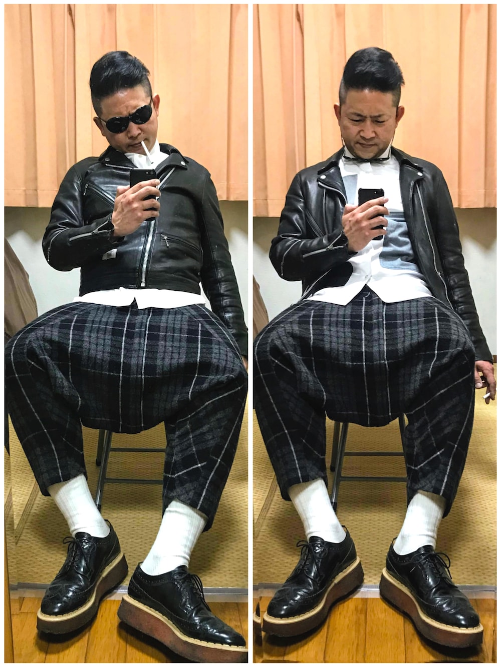 ブラック系のライダースジャケット、ホワイト系のシャツ/ブラウス、グレー系のその他パンツを着用したメンズの冬コーディネートの3枚目の写真