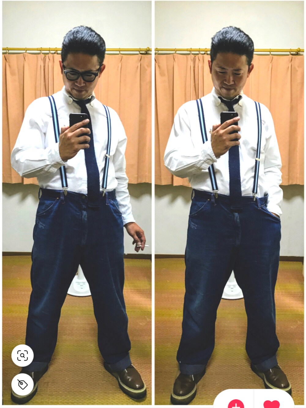 ホワイト系のシャツ/ブラウス、ブルー系のネクタイ、ブルー系のデニムパンツを着用したメンズの秋コーディネートの2枚目の写真