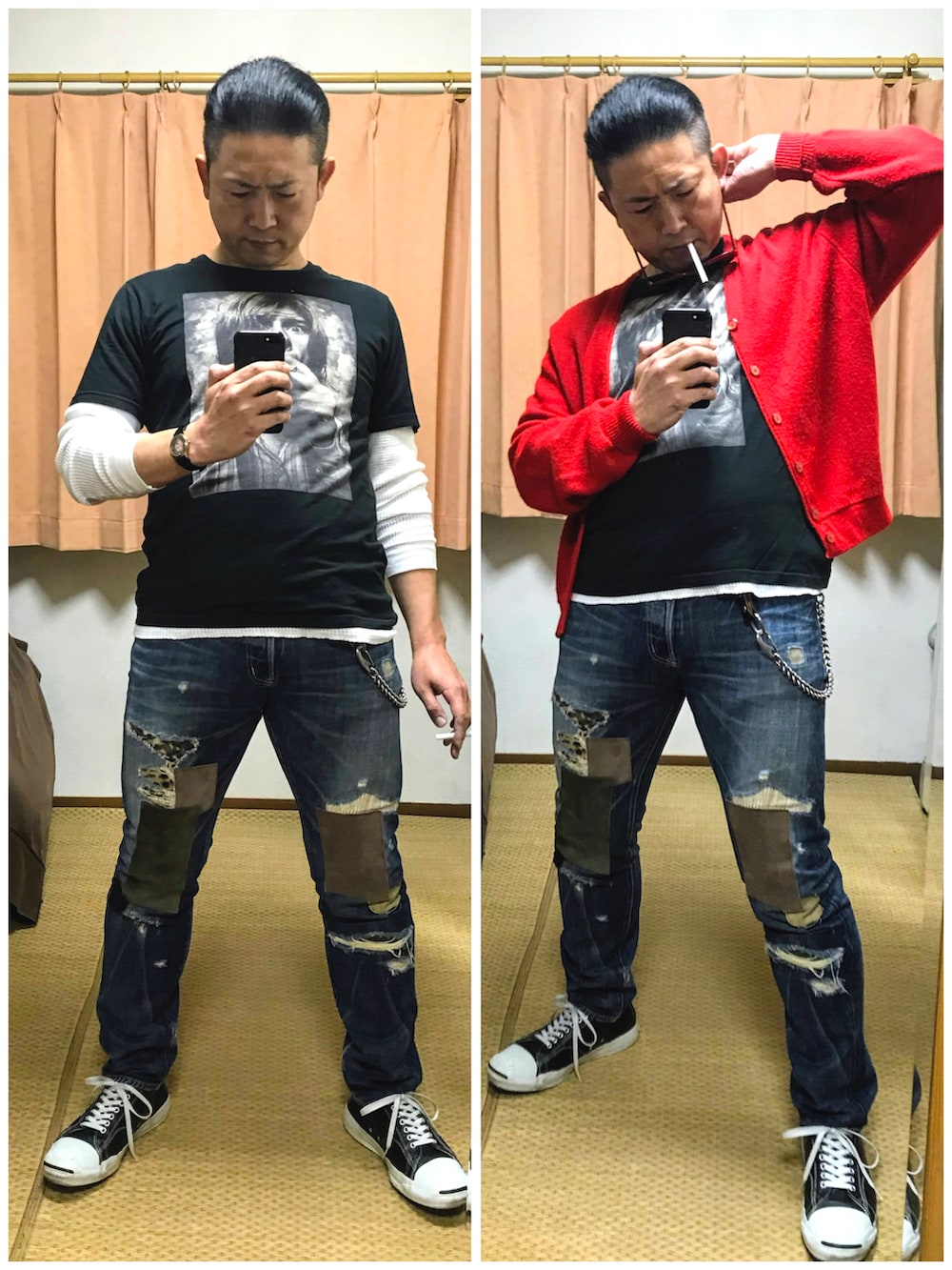 「アメカジ、グランジ、カートコバーン、赤黒、双極性障害、我が道をゆく隊、片手スマホ自撮り研究会🤳✨、好きな服を好きなように着る🐷💕、メルカリ大量出品中‼️、必殺‼️カチューシャ風メガネずらし🐸‼️、メルカリ★期間限定SALE★ただ今開催中🐷👍、真っ赤なカーディガン」|「Saint Laurentの🔸サンローラン サーフサングラス SL98(赤) ★メルカリ出品中‼️(サングラス、レッド系)」を使った、おたっし🐷さん(メンズ・174cm)の秋コーディネートの2枚目の写真