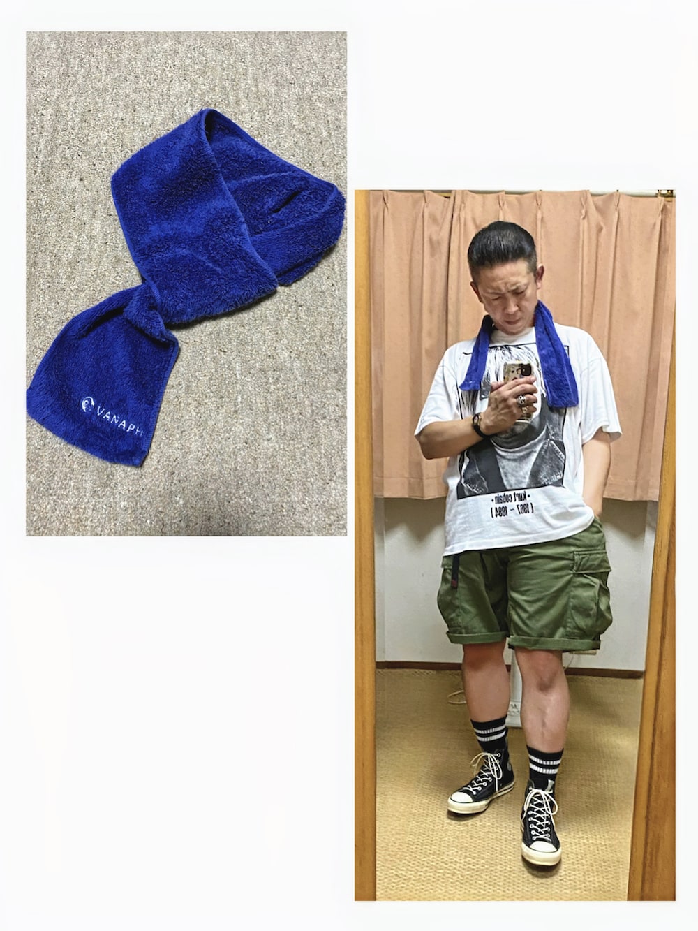 「片手スマホ自撮り研究会🤳✨、我が道をゆく隊、必殺❗️メガネずらし🐸‼️、アメカジ、古着MIX、プチプラ、汗拭きタオル、みんなの白Tフェス、カートコバーン、ショートパンツ、カーゴパンツ、好きな服を好きなように着る🐷💕、双極性障害、北千住アニメが熱い🔥、メルカリ大量出品中‼️」|「NUMBER (N)INEの🔸カートオーバルサングラス(白)😎✨ (上)ナンバーナイン(下)エフェクター🕶(サングラス、ホワイト系)」を使った、おたっし🐷さん(メンズ・174cm)の夏コーディネートの3枚目の写真