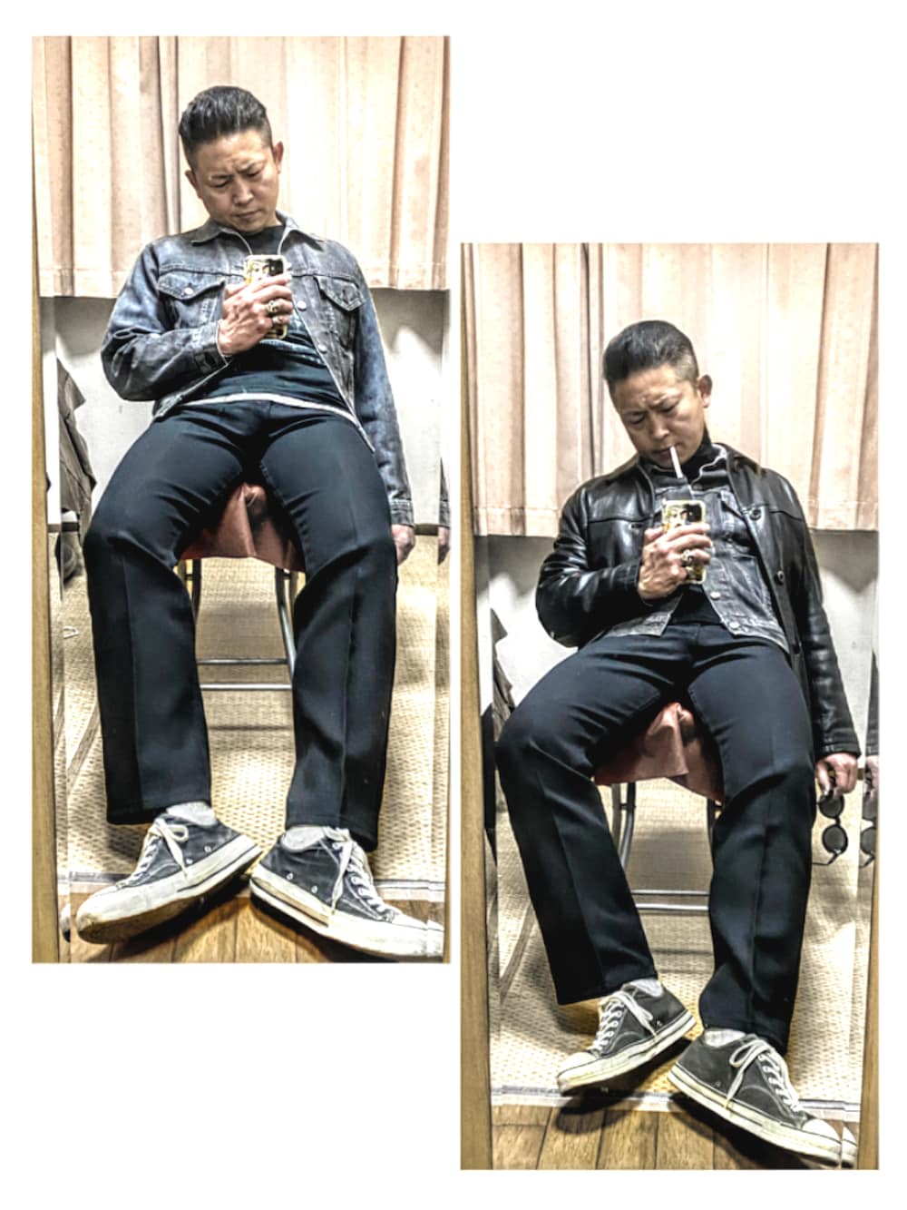 ブラック系のステンカラーコート、ブラック系のデニムジャケット、ブラック系のニット/セーターを着用したメンズの冬コーディネートの3枚目の写真