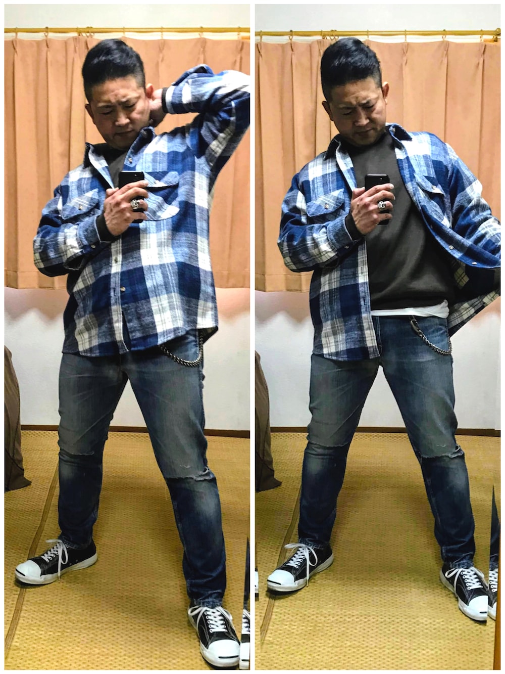 「片手スマホ自撮り研究会🤳✨、我が道をゆく隊、カートコバーン、カートアレンジ😎‼️、必殺‼️カチューシャ風メガネずらし🐸‼️、グランジ、アメカジ、レザーコート、チェックシャツ、好きな服を好きなように着る🐷💕、双極性障害、メルカリ大量出品中‼️、メルカリ★期間限定SALE★ただ今開催中🐷👍」｜「EFFECTORの🔸エフェクター  カートサングラス(白)wah2 ★メルカリ出品中‼️（サングラス、ホワイト系）」を使った、おたっし🐷さん（メンズ・174cm）の冬コーディネートの3枚目の写真