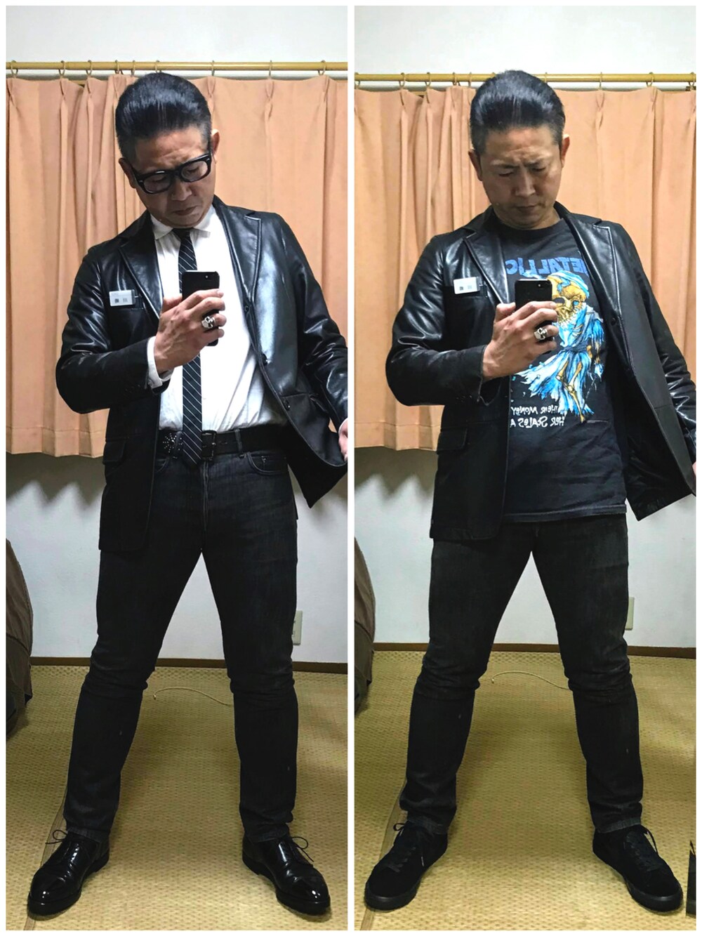 「片手スマホ自撮り研究会🤳✨、我が道をゆく隊、お仕事コーデ、ブラック、エディスリマン、スキニー、タイドアップ、バンドT、好きな服を好きなように着る🐷💕、双極性障害、メルカリ大量出品中‼️、メルカリ★期間限定SALE★本日最終日‼️、おデブでもスキニーが好きにー💕」|「VINTAGEの🔸オールドギャップ カウレザージャケット(黒)XS(テーラードジャケット、ブラック系)」を使った、おたっし🐷さん(メンズ・174cm)の冬コーディネートの3枚目の写真