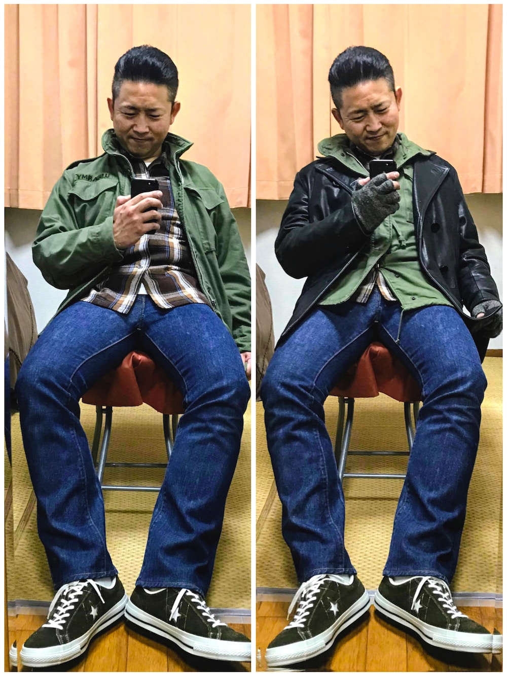 ブラック系のその他アウター、グリーン系のミリタリージャケット、ブラウン系のシャツ/ブラウスを着用したメンズの冬コーディネートの4枚目の写真