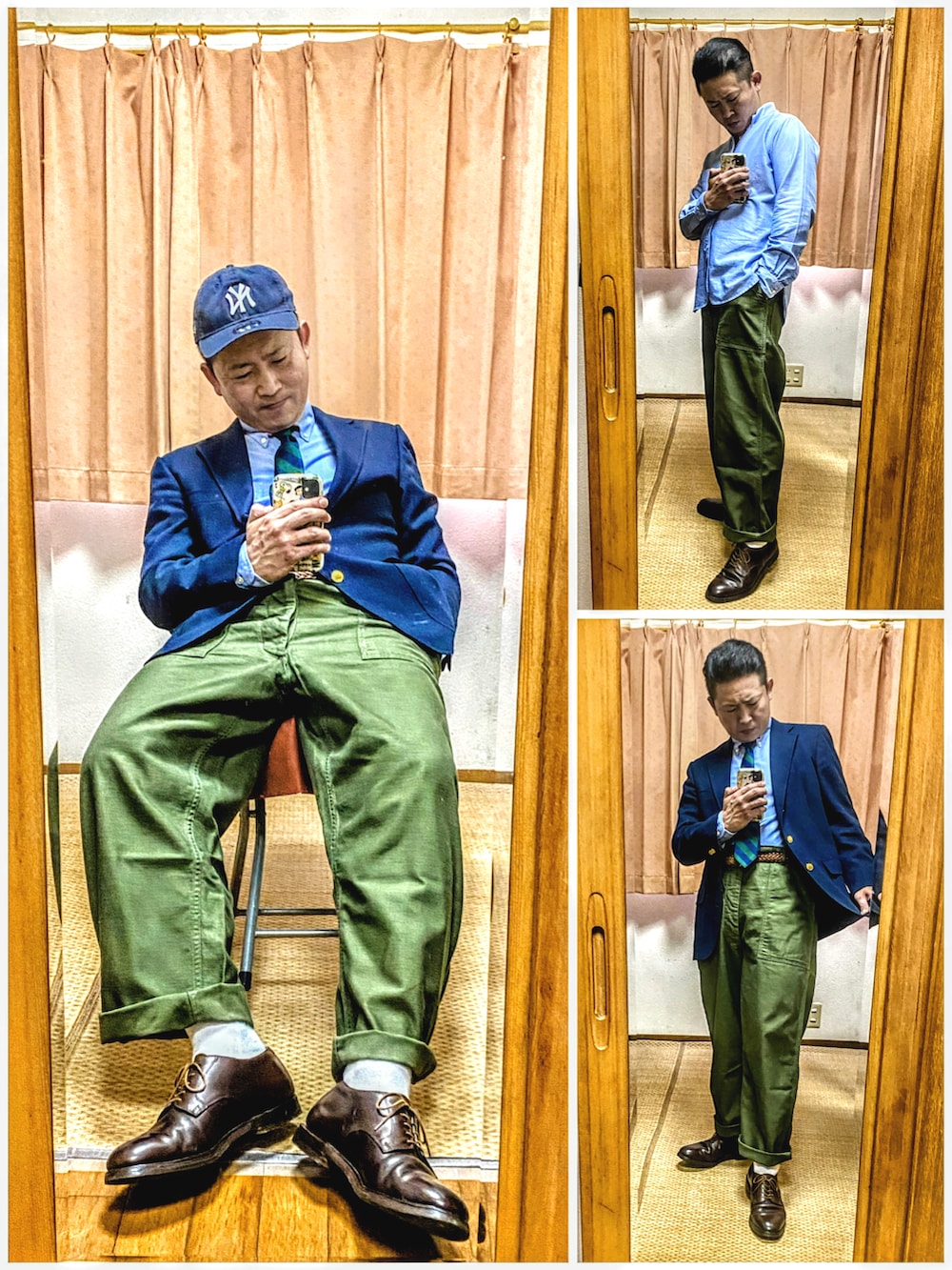 「片手スマホ自撮り研究会🤳✨、我が道をゆく隊、ロンT、お仕事コーデ、古着MIX、オトナカジュアル、きれいめカジュアル、ミリタリートラッド、タイドアップ、極太ベイカーパンツ🐸✨、好きな服を好きなように着る🐷💕、双極性障害、北千住アニメが熱い🔥、肉体改造中🐷💦、メルカリ★期間限定SALE★ただ今開催中🐷👍」|「🔸前回の紺ブレミリトラコーデ🐸✨の🔸ミリタリートラッド #カーゴパンツ #メガネおやじ(その他、その他)」を使った、おたっし🐷さん(メンズ・174cm)の春コーディネートの2枚目の写真
