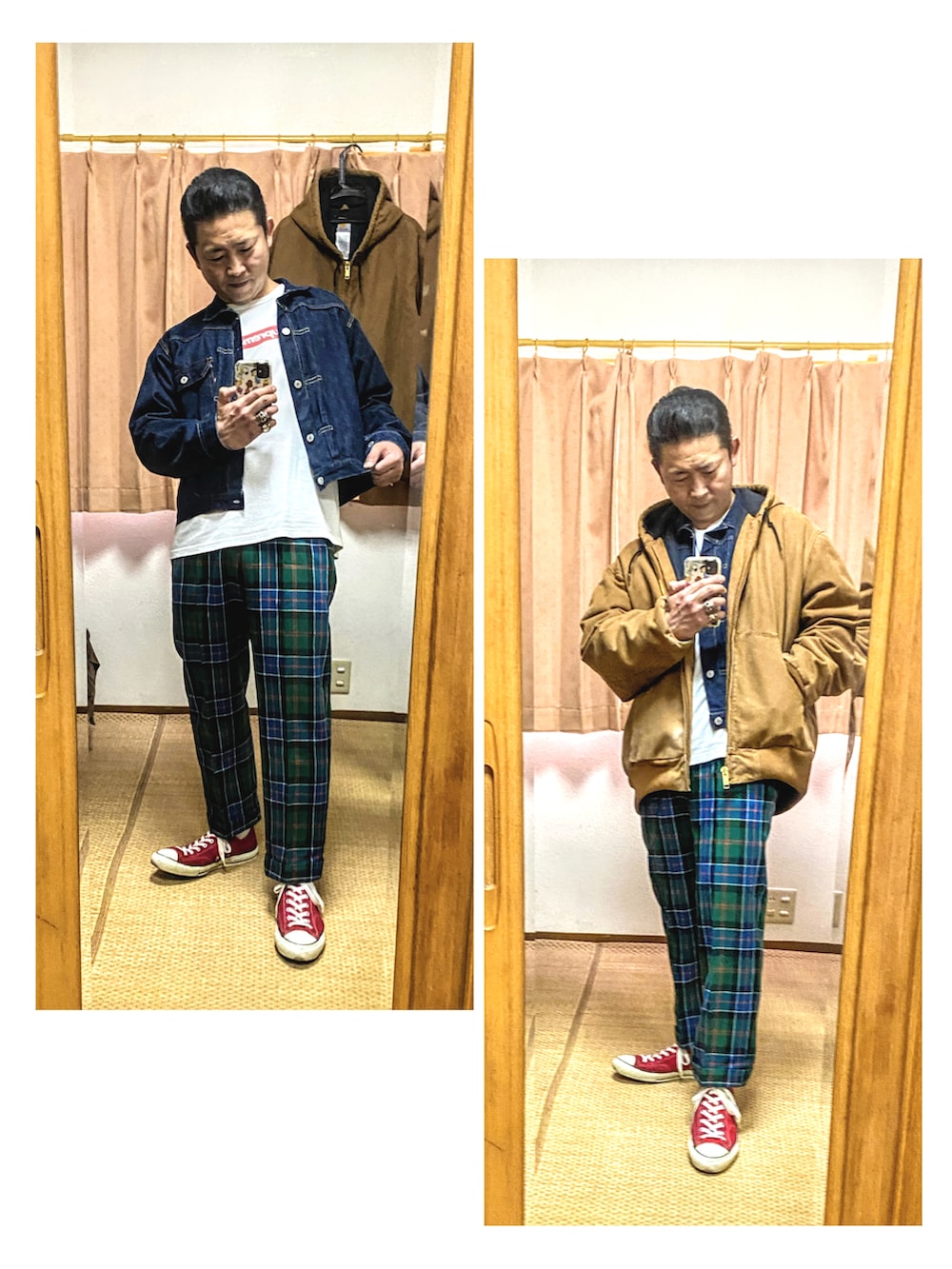「片手スマホ自撮り研究会🤳✨、我が道をゆく隊、シンプルコーデ、アメカジ、古着MIX、Gジャン、チェックパンツ、好きな服を好きなように着る🐷💕、コンバースが好き過ぎて🐷💕、双極性障害、北千住アニメが熱い🔥、マルコとマルオとマリオ🤔⁉️、メルカリ大量出品中‼️、肉体改造中🐷💦」|「VINTAGEの🔸90s USA製 カーハート アクティブジャケットBRN 2XL(ブルゾン、ブラウン系)」を使った、おたっし🐷さん(メンズ・174cm)の春コーディネートの2枚目の写真