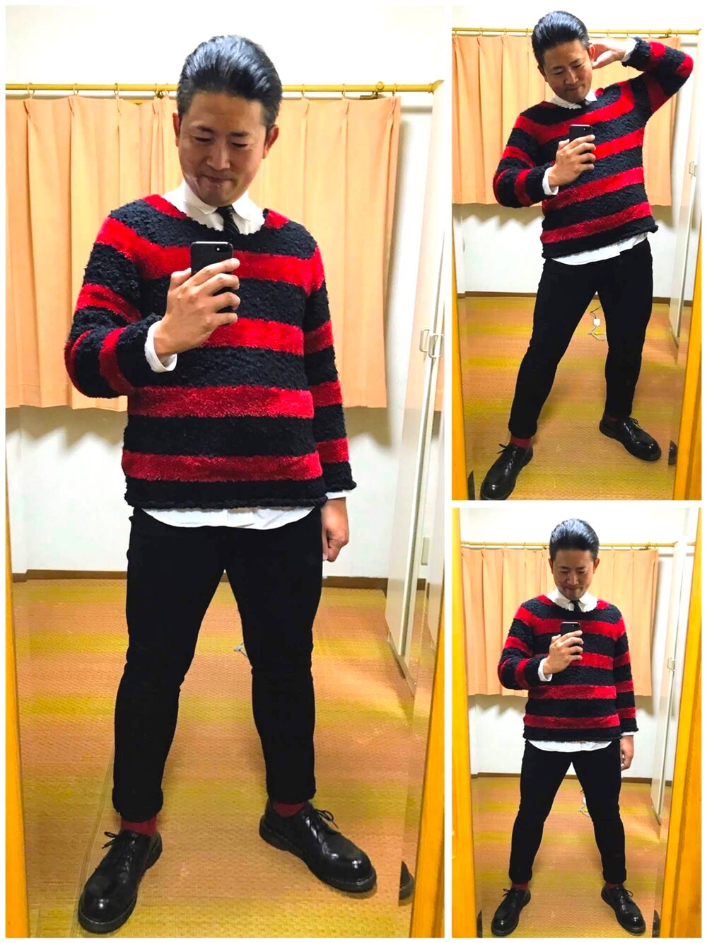 レッド系のニット/セーター、ブルー系のデニムパンツ、ブラック系のスニーカーを着用したメンズの秋コーディネートの2枚目の写真