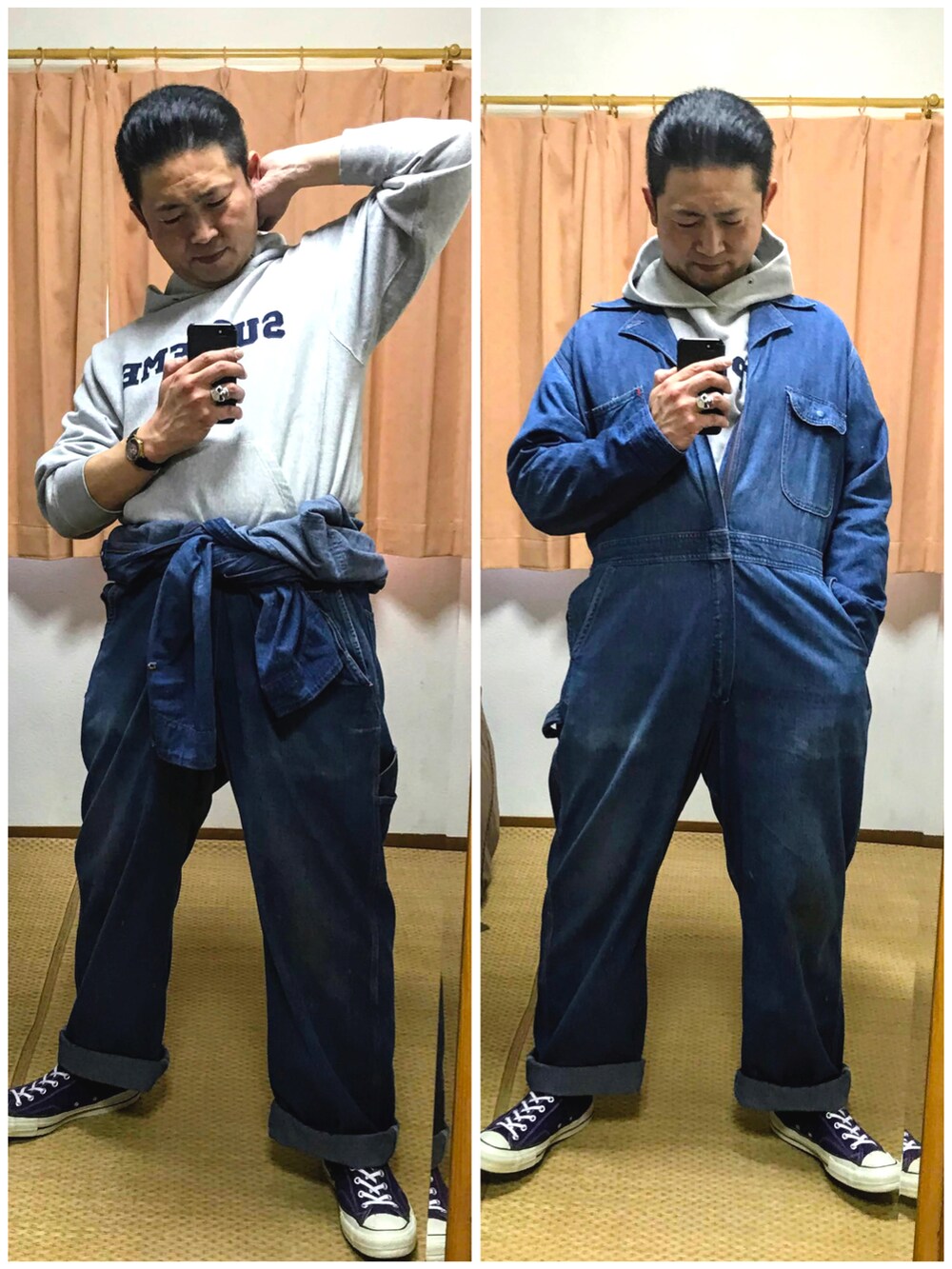 「片手スマホ自撮り研究会🤳✨、我が道をゆく隊、迷彩、M65、ミリタリー、メルカリ作業コーデ🐷💦、つなぎ、こしまきスタイル、メルカリ出品コーデ🐷✨、カモフラ、80sウッドランドカモ、好きな服を好きなように着る🐷💕、双極性障害、メルカリ大量出品中‼️」|「🔸前回のカモパン🦆コーデ🐷✨の🔸ガングロ🐷 Gジャン×白目内出血赤スウェットコーデ✨ ★メルカリ出品中‼️(その他、その他)」を使った、おたっし🐷さん(メンズ・174cm)の冬コーディネートの2枚目の写真