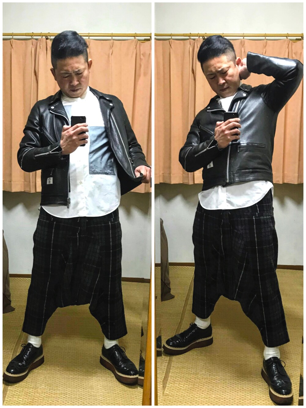 ブラック系のライダースジャケット、ホワイト系のシャツ/ブラウス、グレー系のその他パンツを着用したメンズの冬コーディネートの2枚目の写真