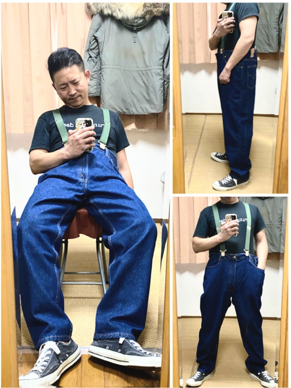 ベージュ系のブルゾン、ブルー系のデニムパンツ、ブラック系のデニムパンツを着用したメンズの秋コーディネートの3枚目の写真