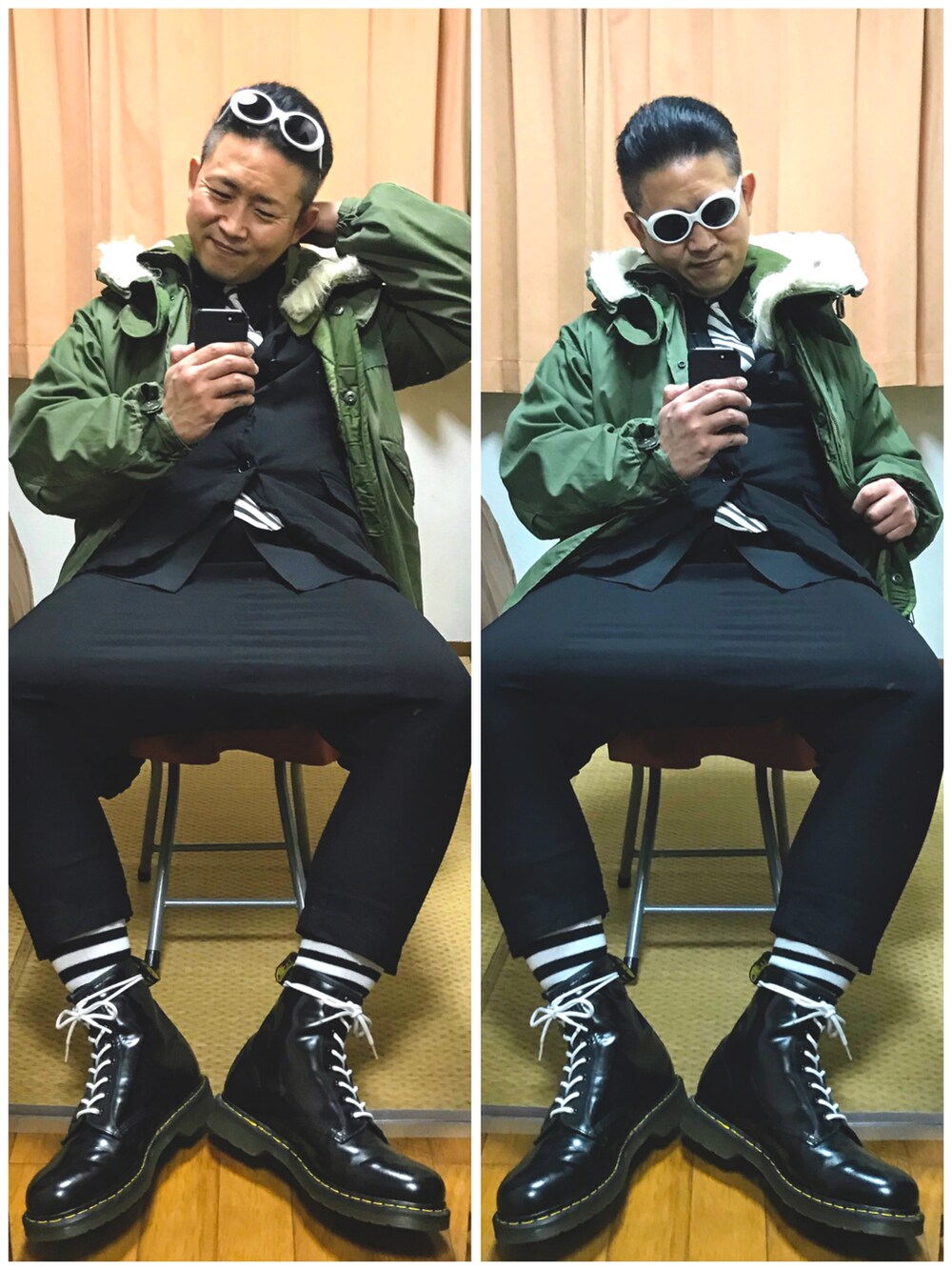 グリーン系のモッズコート、ブラック系のテーラードジャケット、ブラック系のシャツ/ブラウスを着用したメンズの秋コーディネートの3枚目の写真