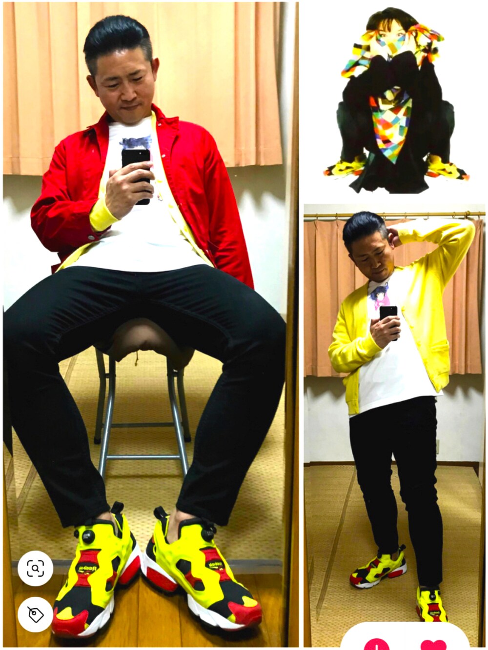 レッド系のカバーオール、ホワイト系のTシャツ/カットソー、ブルー系のデニムパンツを着用したメンズの秋コーディネートの2枚目の写真