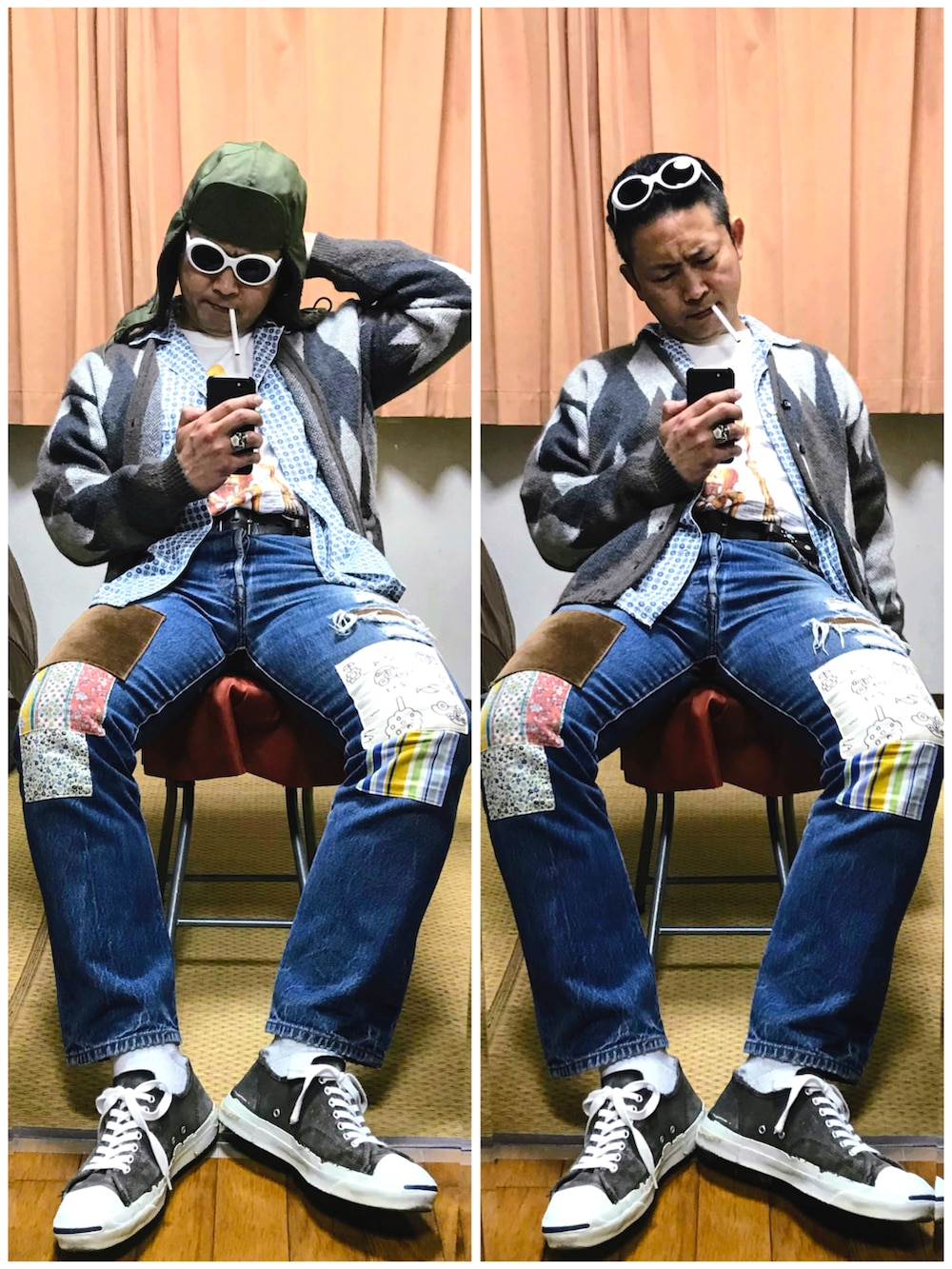 「片手スマホ自撮り研究会🤳✨、我が道をゆく隊、カートコバーン、グランジ、アメカジ、モヘアカーディガン、アーガイル柄、フライトキャップ、タックイン、好きな服を好きなように着る🐷💕、双極性障害、メルカリ大量出品中‼️、メルカリ★期間限定SALE★本日最終日‼️」｜「Buzz Rickson'sの🔸バズリクソン   フライトキャップ(緑)（キャップ、グリーン系）」を使った、おたっし🐷さん（メンズ・174cm）の冬コーディネートの3枚目の写真