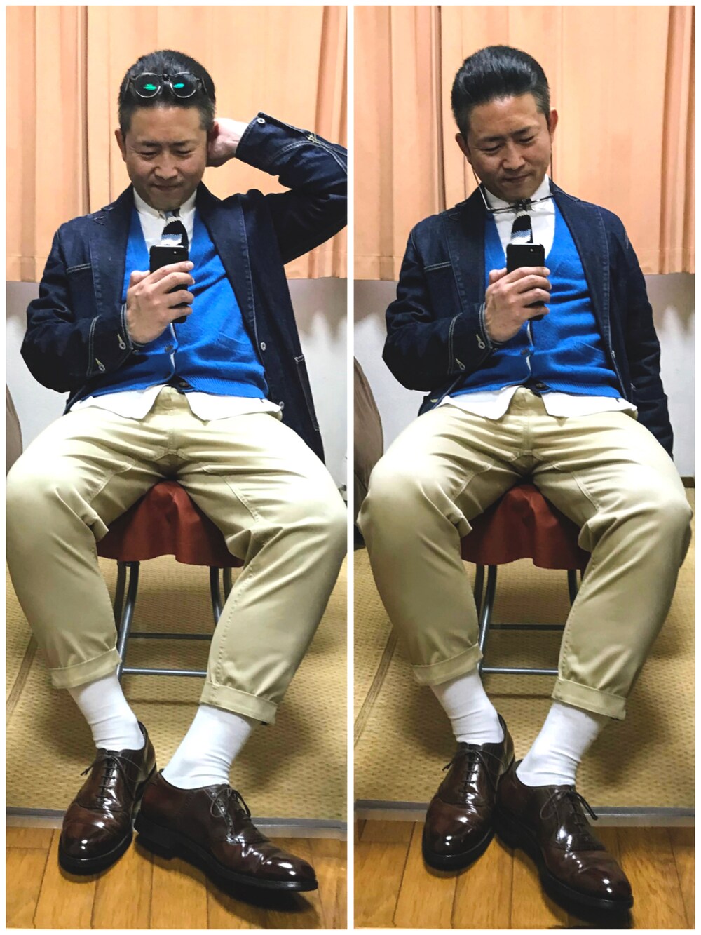 ブルー系のデニムジャケット、ブルー系のカーディガン/ボレロ、ホワイト系のシャツ/ブラウスを着用したメンズの秋コーディネートの2枚目の写真