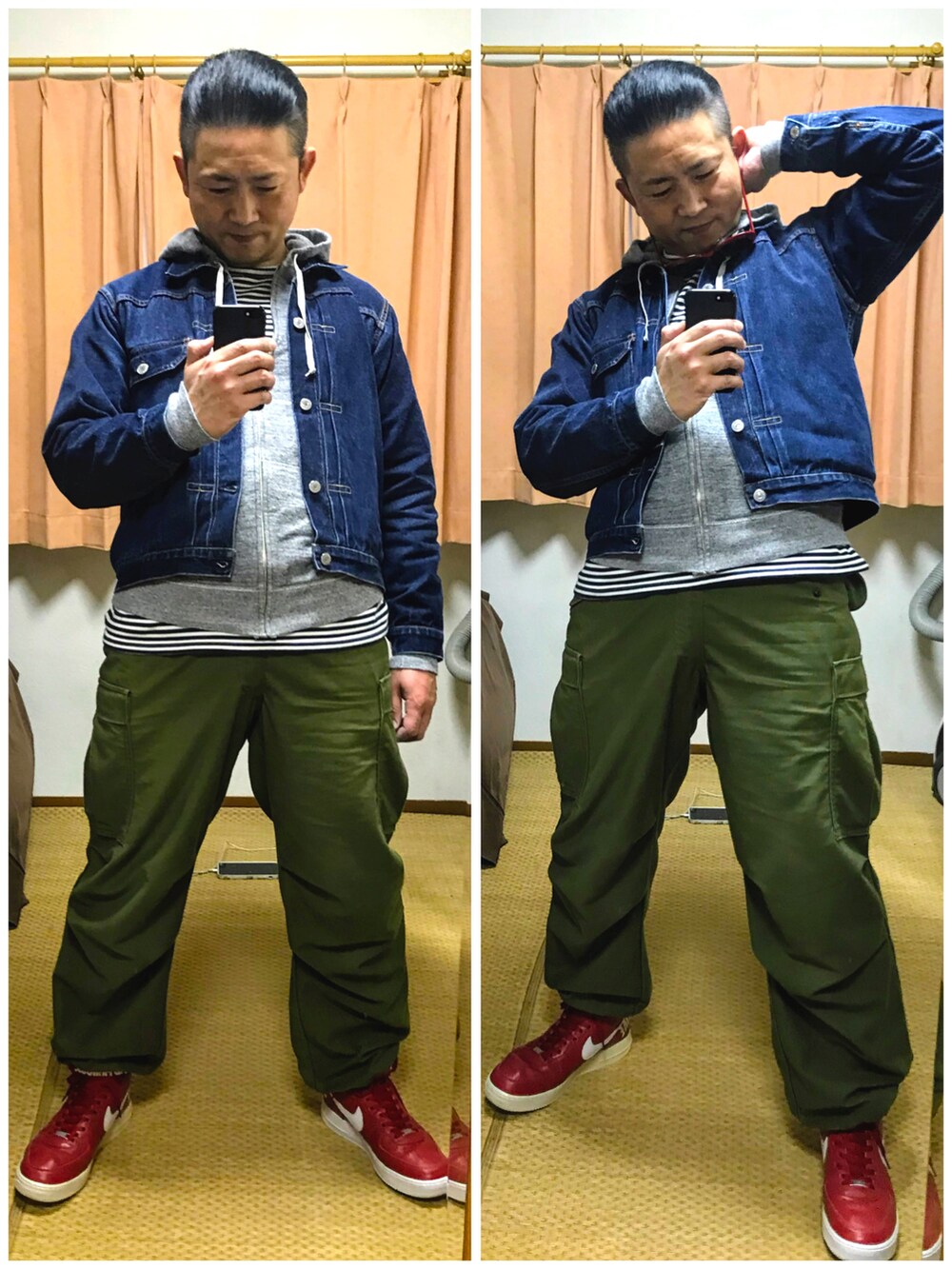 ブルー系のデニムジャケット、グレー系のパーカー、ホワイト系のTシャツ/カットソーを着用したメンズの秋コーディネートの2枚目の写真