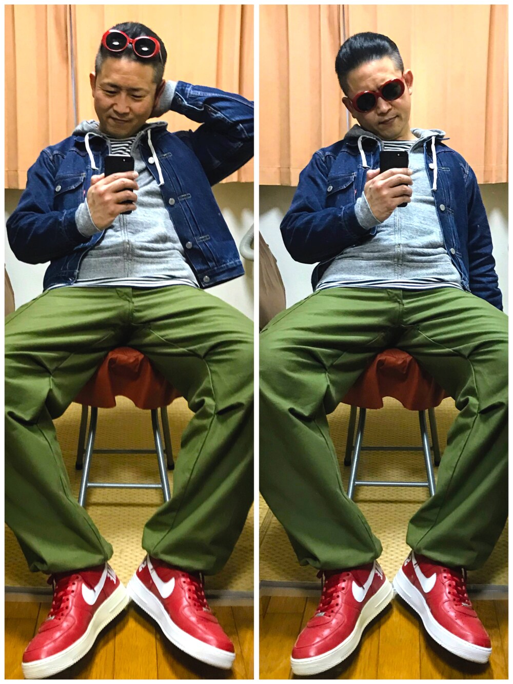 ブルー系のデニムジャケット、グレー系のパーカー、ホワイト系のTシャツ/カットソーを着用したメンズの秋コーディネートの3枚目の写真