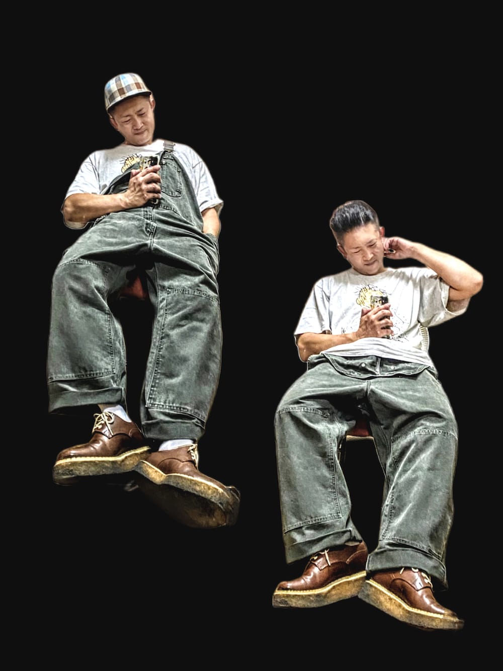 グリーン系のサロペット/オーバーオール、グレー系のTシャツ/カットソー、ブラウン系のブーツを着用したメンズの夏コーディネートの3枚目の写真