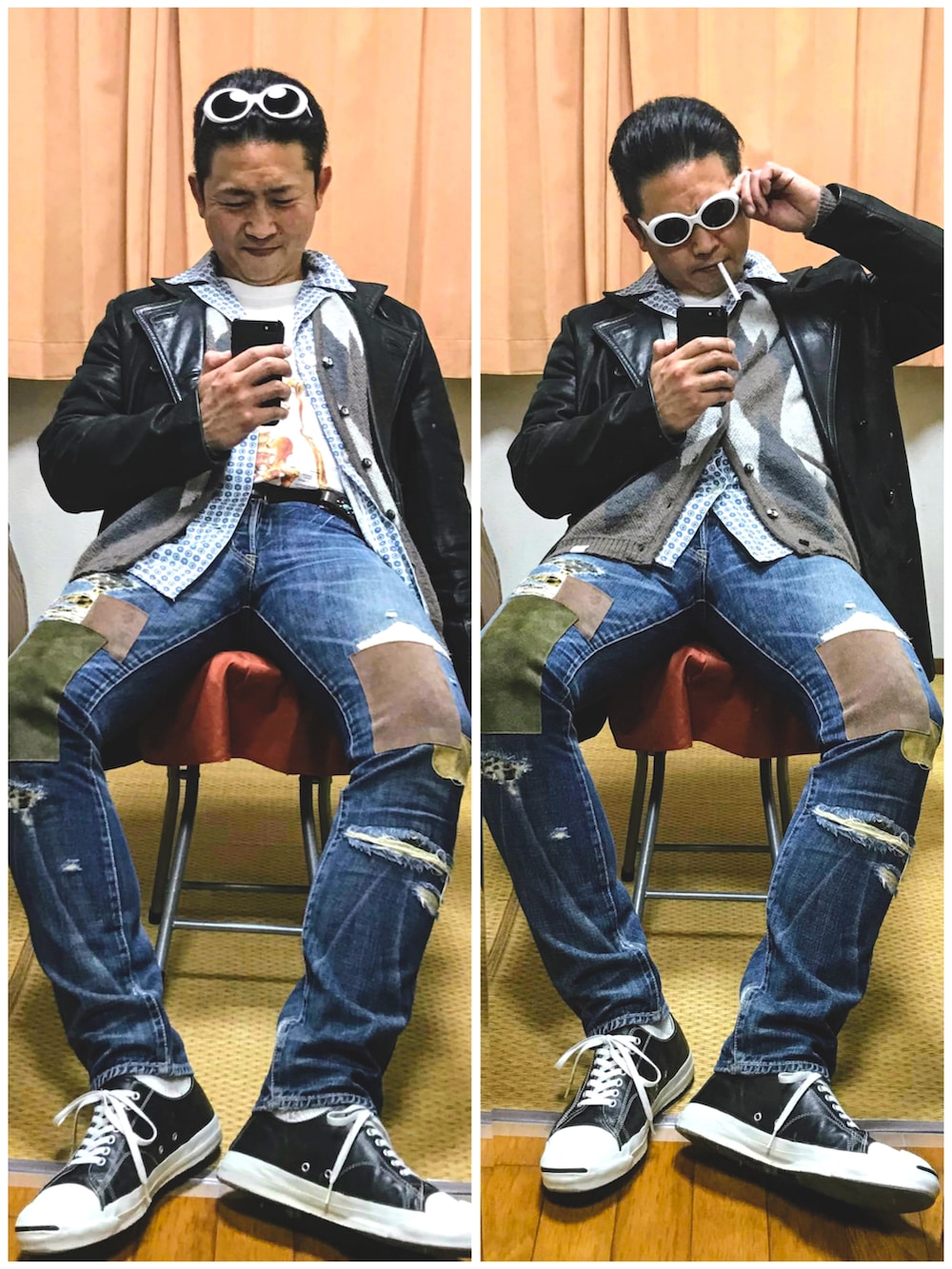 「片手スマホ自撮り研究会🤳✨、我が道をゆく隊、カートコバーン、グランジ、必殺‼️カチューシャ風メガネずらし🐸‼️、レザーコート、モヘアカーディガン、アーガイル柄、レオパード、好きな服を好きなように着る🐷💕、双極性障害、メルカリ大量出品中‼️」｜「JACK PURCELLの🔸アーガイル柄モヘアカーディガンコーデ✨（その他、その他）」を使った、おたっし🐷さん（メンズ・174cm）の冬コーディネートの3枚目の写真