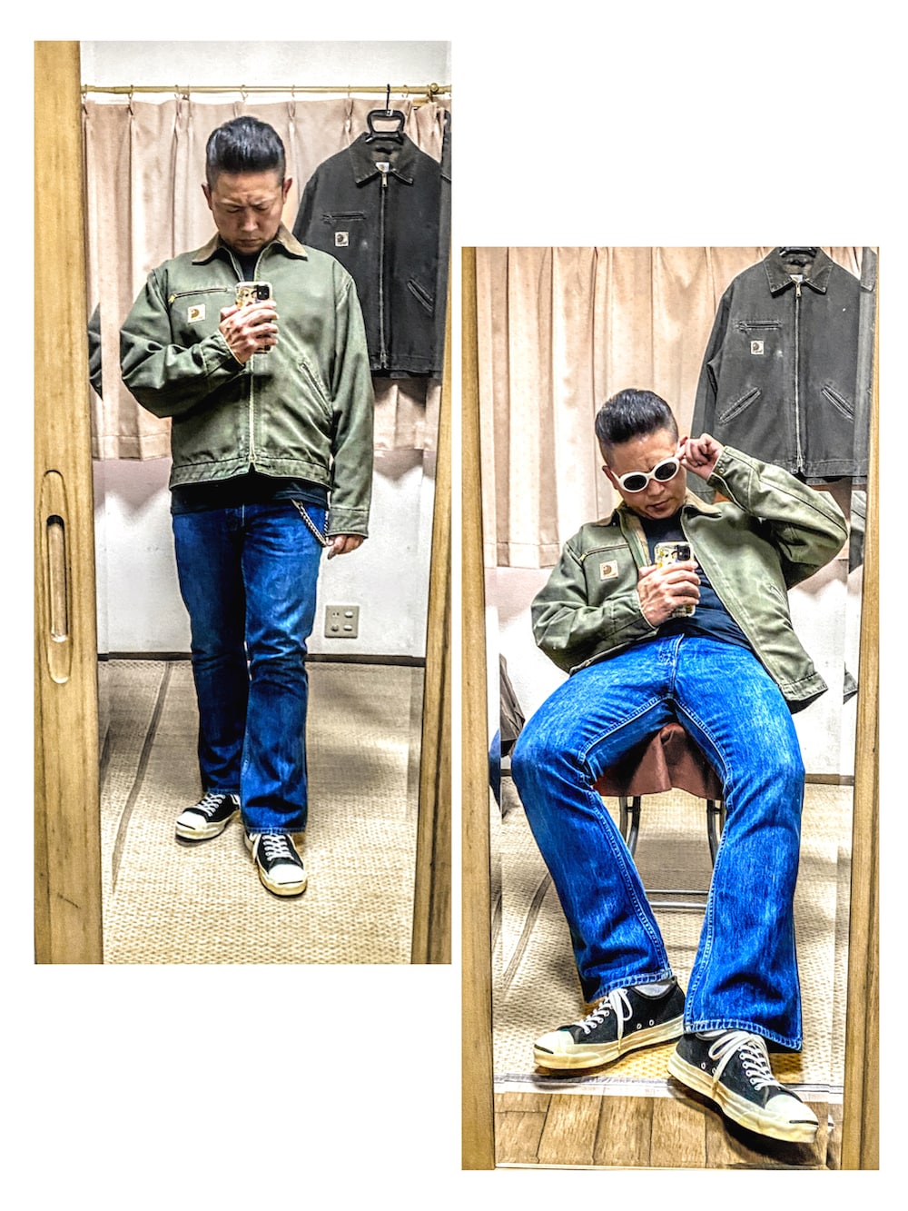 ブラック系のTシャツ/カットソー、グリーン系のブルゾン、ブラック系のTシャツ/カットソーを着用したメンズの春コーディネートの3枚目の写真