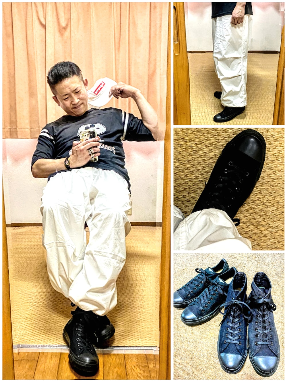「片手スマホ自撮り研究会🤳✨、我が道をゆく隊、夏だ！Tシャツ着よう！、アメカジ、古着MIX、モノトーン、白黒、キャップ、スヌーピー、フットボールTシャツ、スノーカモ、好きな服を好きなように着る🐷💕、双極性障害、北千住アニメが熱い🔥、メルカリ大量出品中‼️」｜「Supreme の🔸supreme ジェットキャップ 白（キャップ、ホワイト系）」を使った、おたっし🐷さん（メンズ・174cm）の夏コーディネートの2枚目の写真