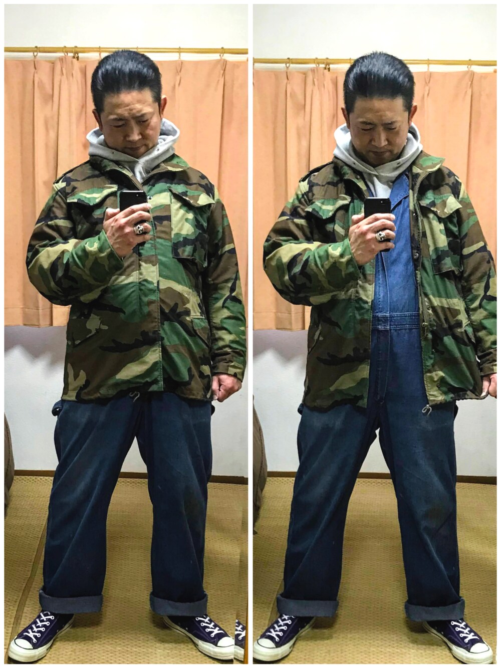 「片手スマホ自撮り研究会🤳✨、我が道をゆく隊、迷彩、M65、ミリタリー、メルカリ作業コーデ🐷💦、つなぎ、こしまきスタイル、メルカリ出品コーデ🐷✨、カモフラ、80sウッドランドカモ、好きな服を好きなように着る🐷💕、双極性障害、メルカリ大量出品中‼️」|「🔸前回のカモパン🦆コーデ🐷✨の🔸ガングロ🐷 Gジャン×白目内出血赤スウェットコーデ✨ ★メルカリ出品中‼️(その他、その他)」を使った、おたっし🐷さん(メンズ・174cm)の冬コーディネートの3枚目の写真