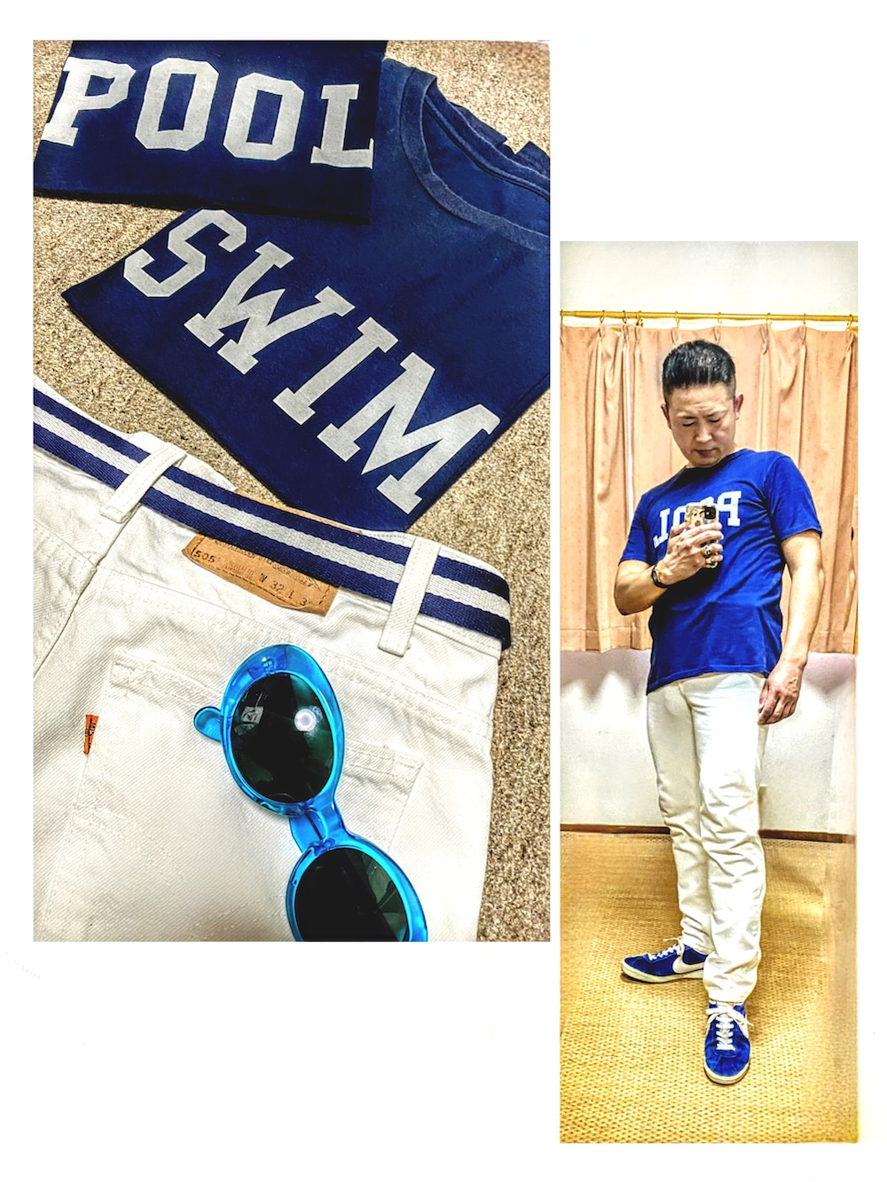 「片手スマホ自撮り研究会🤳✨、我が道をゆく隊、夏コーデ、古着MIX、シンプル、夏だ！Tシャツ着よう！、白パンツ、汗拭きタオル(ストライプ)、好きな服を好きなように着る🐷💕、ナイキVTGスニーカー👟✨、スライム、双極性障害、肉体改造中🐷💦、北千住アニメが熱い🔥、メルカリ大量出品中‼️」｜「🔸前回のコーデ🐷✨の🔸フレアデニムコーデ👖　70sリーバイス 646（その他、その他）」を使った、おたっし🐷さん（メンズ・174cm）の夏コーディネートの2枚目の写真