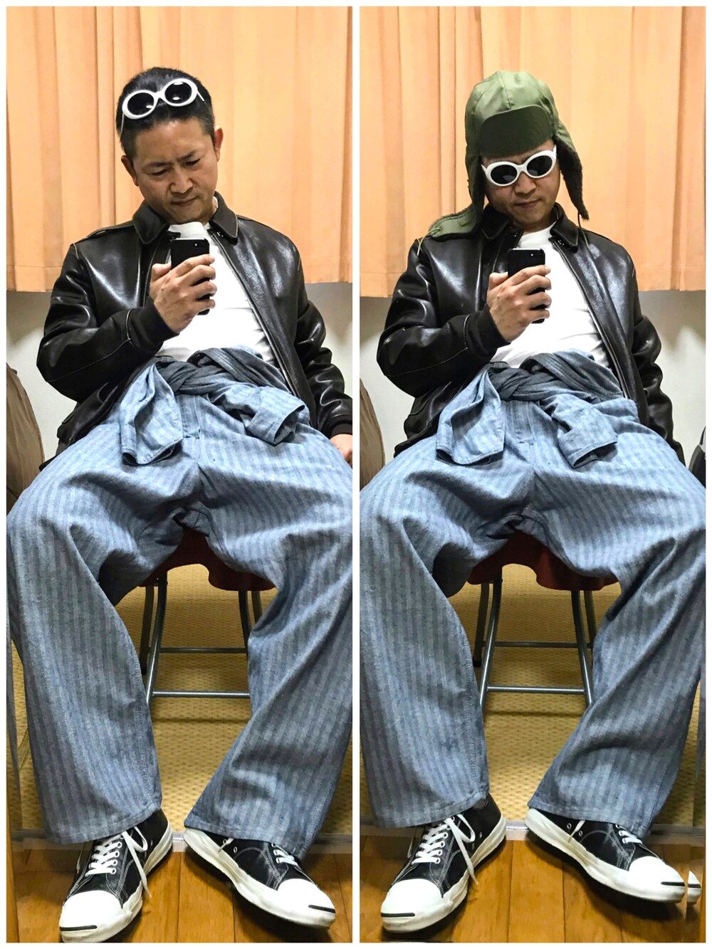 ブラウン系のミリタリージャケット、ブルー系のつなぎ/オールインワン、ホワイト系のTシャツ/カットソーを着用したメンズの秋コーディネートの3枚目の写真