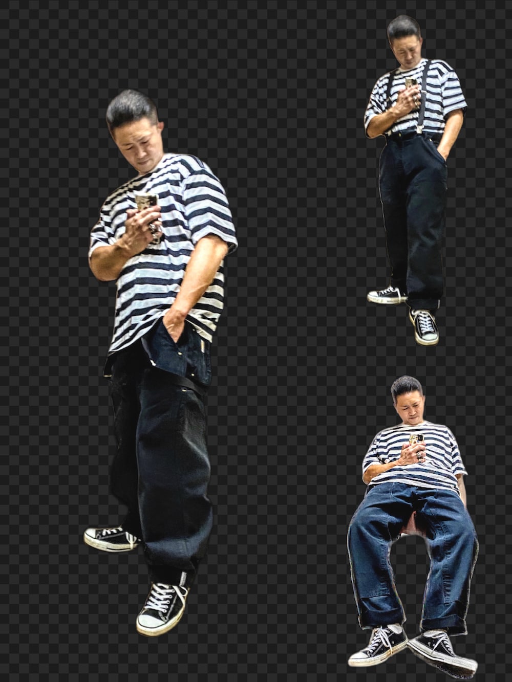 ホワイト系のTシャツ/カットソー、ブラック系のチノパンツ、ブラック系のスニーカーを着用したメンズの秋コーディネートの3枚目の写真