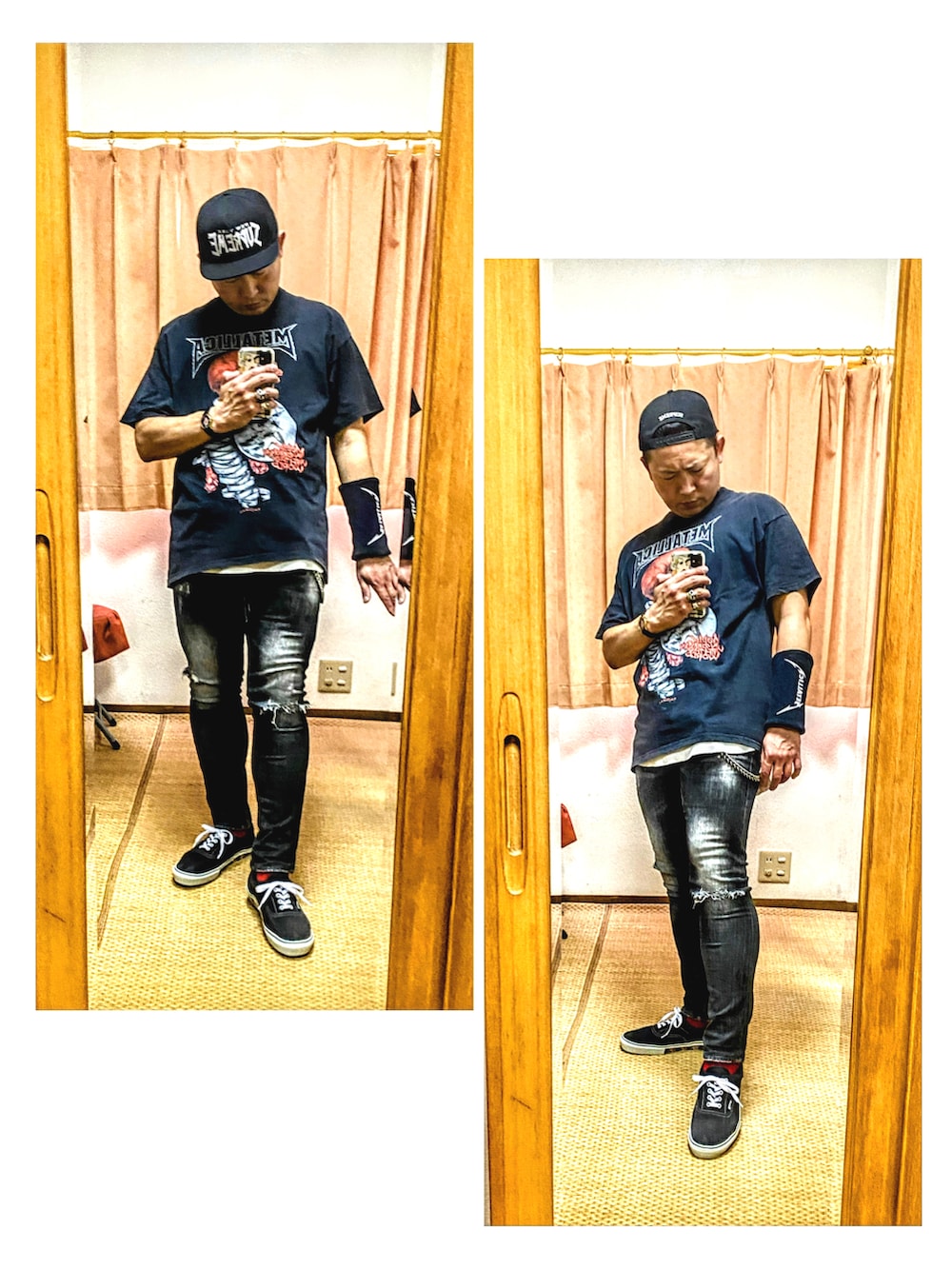 「片手スマホ自撮り研究会🤳✨、我が道をゆく隊、シンプルコーデ、ビッグシルエット、アメカジ、ロック、バンドT、メタリカ、ブラック、クラッシュデニム、好きな服を好きなように着る🐷💕、双極性障害、北千住アニメが熱い🔥、肉体改造中🐷💦、メルカリ★期間限定SALE★ただ今開催中🐷👍」｜「Supreme の🔸スカルボーンロゴ 6パネルキャップ 黒（キャップ、ブラック系）」を使った、おたっし🐷さん（メンズ・174cm）の春コーディネートの3枚目の写真