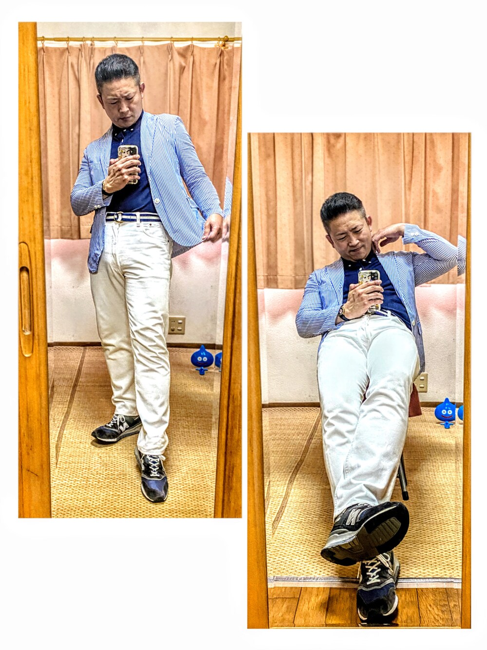 ブルー系のテーラードジャケット、ブルー系のポロシャツ、ホワイト系のデニムパンツを着用したメンズの夏コーディネートの3枚目の写真