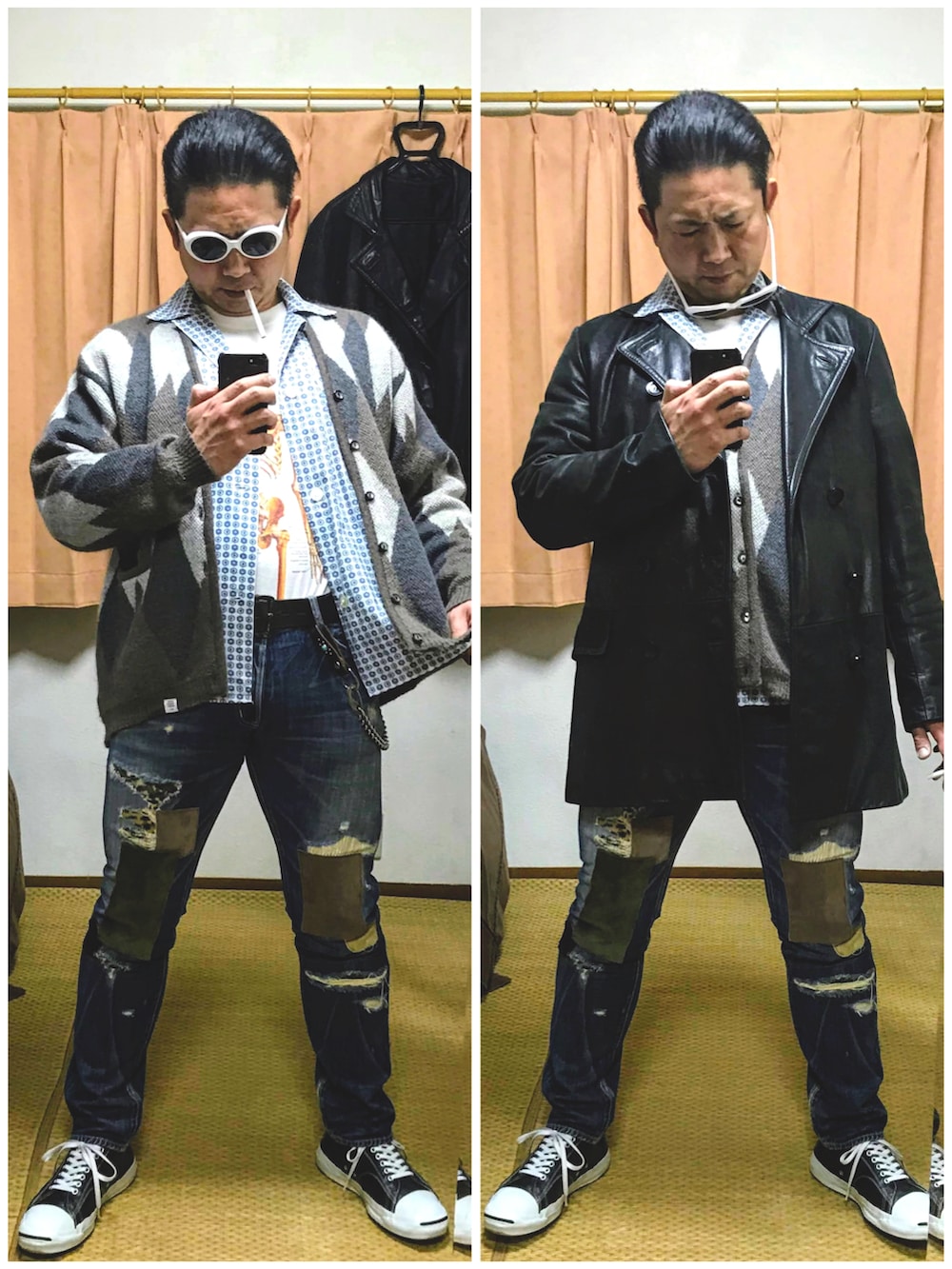 「片手スマホ自撮り研究会🤳✨、我が道をゆく隊、カートコバーン、グランジ、必殺‼️カチューシャ風メガネずらし🐸‼️、レザーコート、モヘアカーディガン、アーガイル柄、レオパード、好きな服を好きなように着る🐷💕、双極性障害、メルカリ大量出品中‼️」｜「JACK PURCELLの🔸アーガイル柄モヘアカーディガンコーデ✨（その他、その他）」を使った、おたっし🐷さん（メンズ・174cm）の冬コーディネートの2枚目の写真