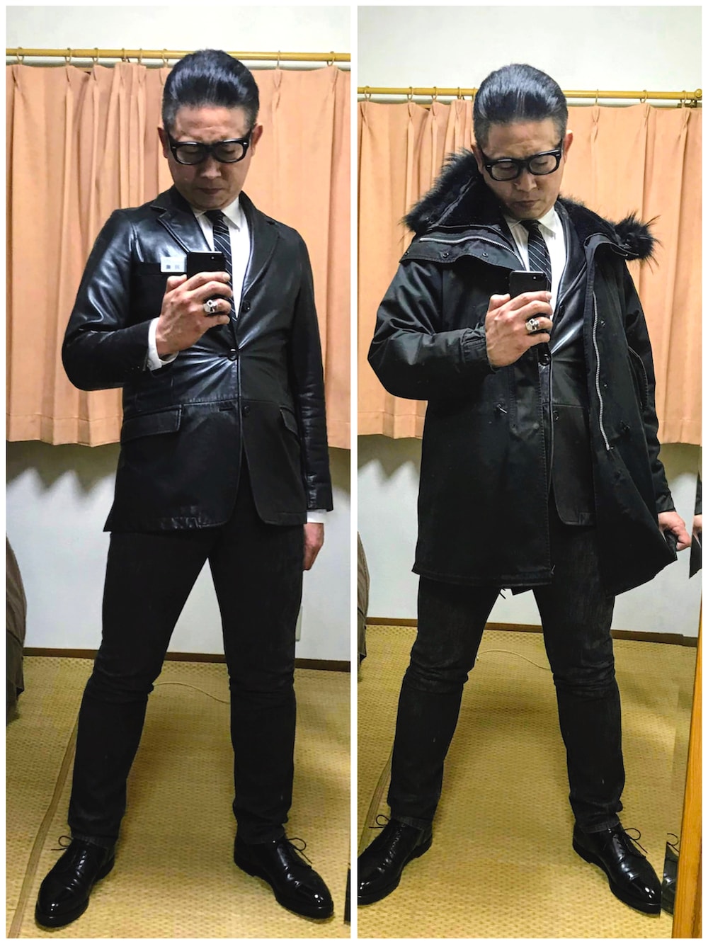 「片手スマホ自撮り研究会🤳✨、我が道をゆく隊、お仕事コーデ、ブラック、エディスリマン、スキニー、タイドアップ、バンドT、好きな服を好きなように着る🐷💕、双極性障害、メルカリ大量出品中‼️、メルカリ★期間限定SALE★本日最終日‼️、おデブでもスキニーが好きにー💕」|「VINTAGEの🔸オールドギャップ カウレザージャケット(黒)XS(テーラードジャケット、ブラック系)」を使った、おたっし🐷さん(メンズ・174cm)の冬コーディネートの2枚目の写真