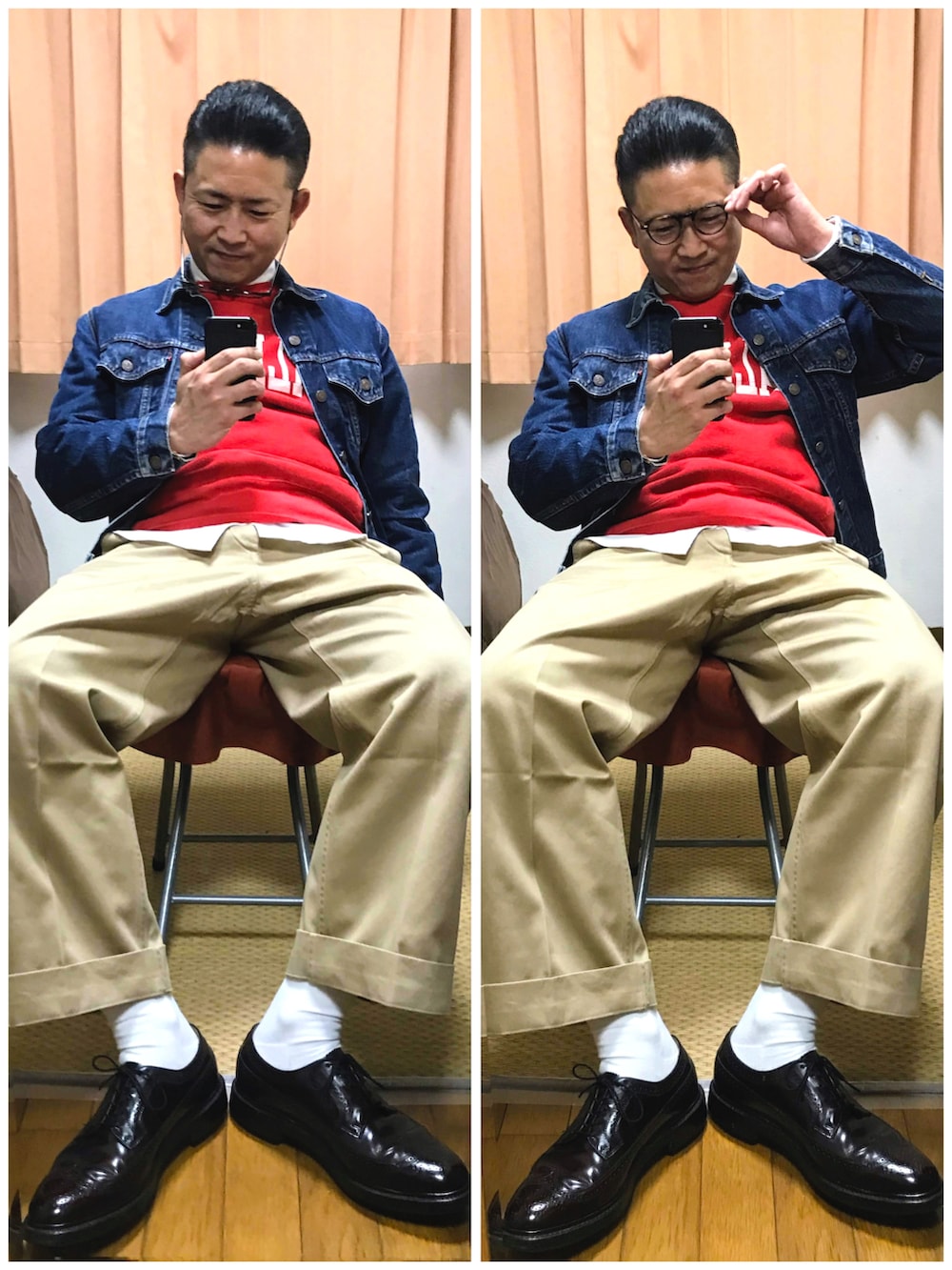 ブルー系のデニムジャケット、レッド系のスウェット、ホワイト系のシャツ/ブラウスを着用したメンズの秋コーディネートの3枚目の写真