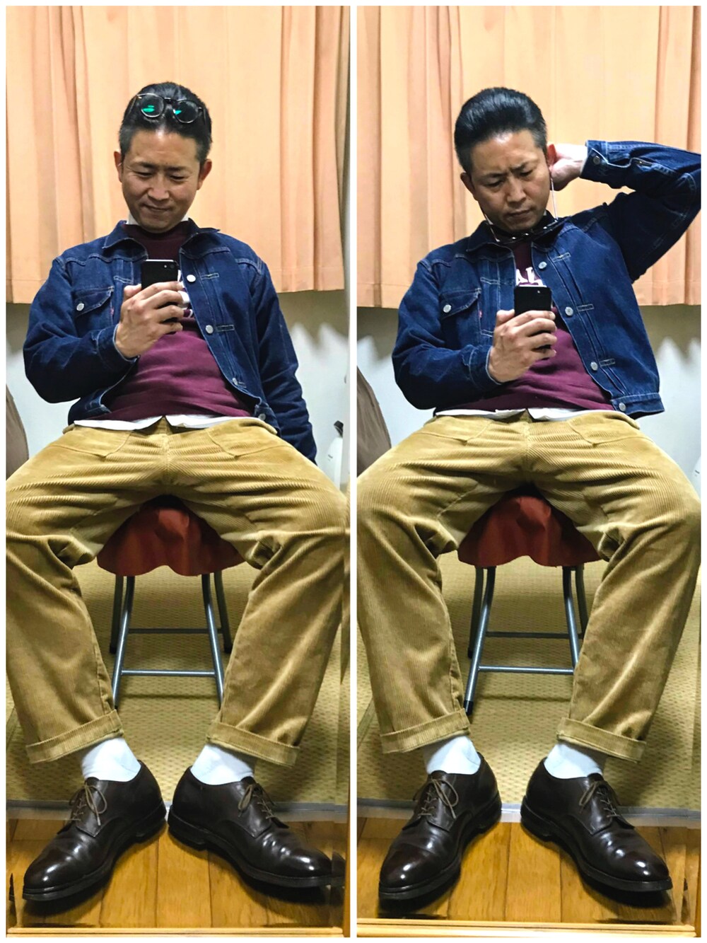 ブルー系のデニムジャケット、レッド系のスウェット、ホワイト系のシャツ/ブラウスを着用したメンズの秋コーディネートの3枚目の写真