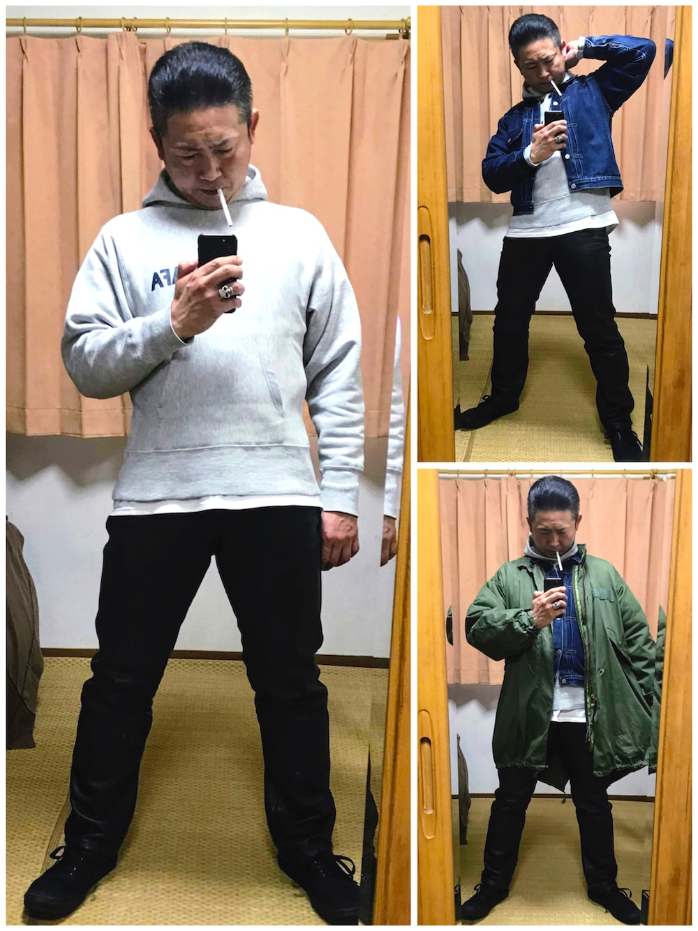 グリーン系のモッズコート、ブルー系のデニムジャケット、グレー系のパーカーを着用したメンズの冬コーディネートの2枚目の写真