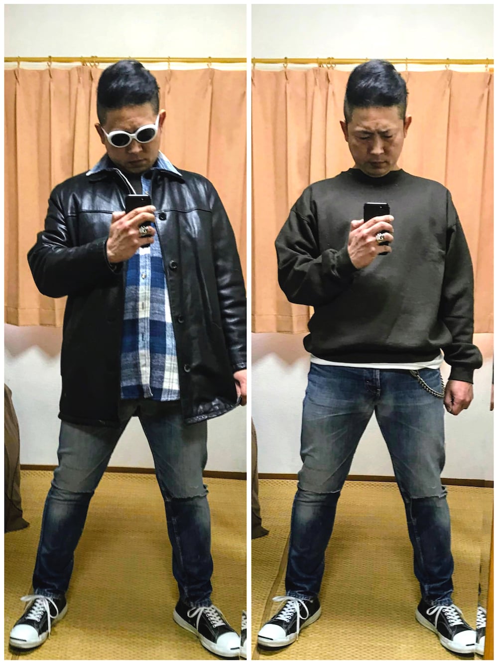 「片手スマホ自撮り研究会🤳✨、我が道をゆく隊、カートコバーン、カートアレンジ😎‼️、必殺‼️カチューシャ風メガネずらし🐸‼️、グランジ、アメカジ、レザーコート、チェックシャツ、好きな服を好きなように着る🐷💕、双極性障害、メルカリ大量出品中‼️、メルカリ★期間限定SALE★ただ今開催中🐷👍」｜「EFFECTORの🔸エフェクター  カートサングラス(白)wah2 ★メルカリ出品中‼️（サングラス、ホワイト系）」を使った、おたっし🐷さん（メンズ・174cm）の冬コーディネートの2枚目の写真
