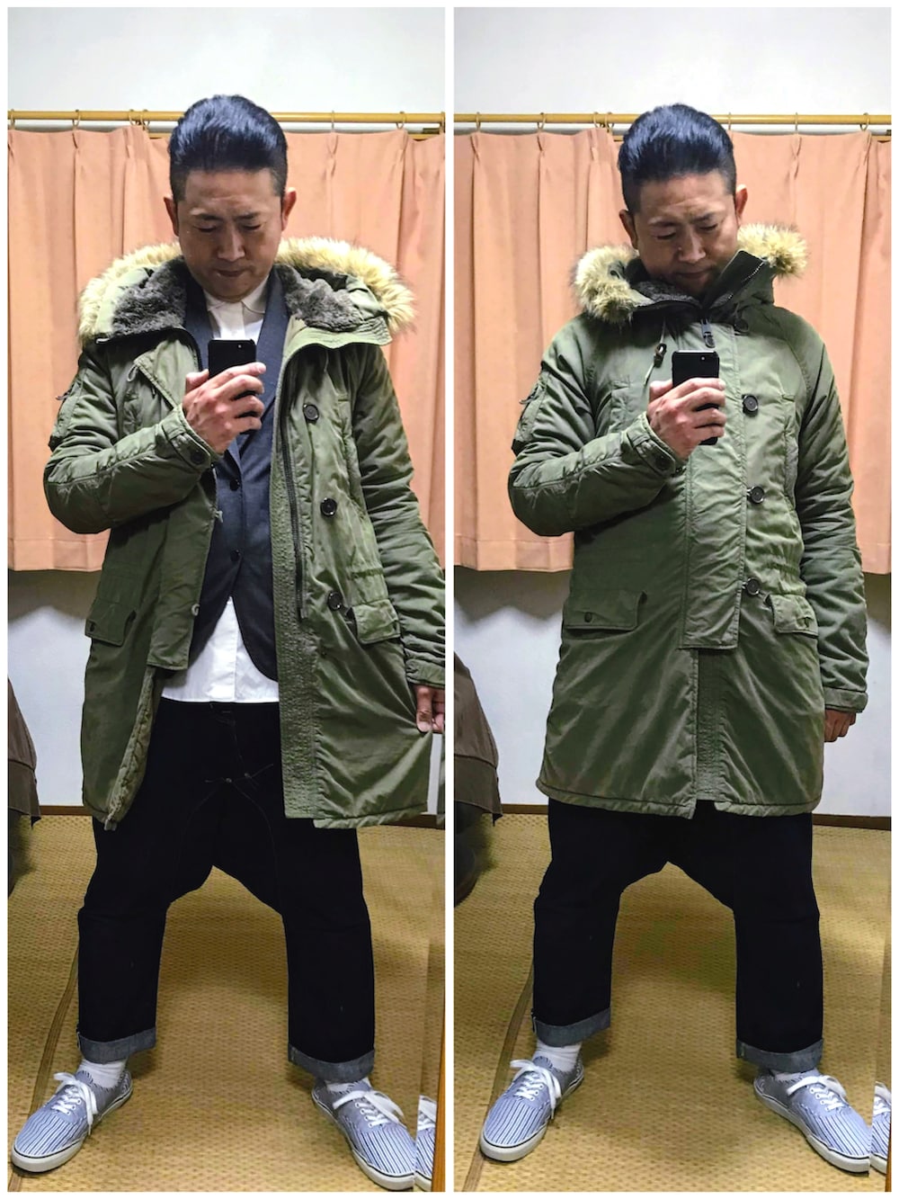 グリーン系のミリタリージャケット、グレー系のテーラードジャケット、ホワイト系のシャツ/ブラウスを着用したメンズの冬コーディネートの3枚目の写真