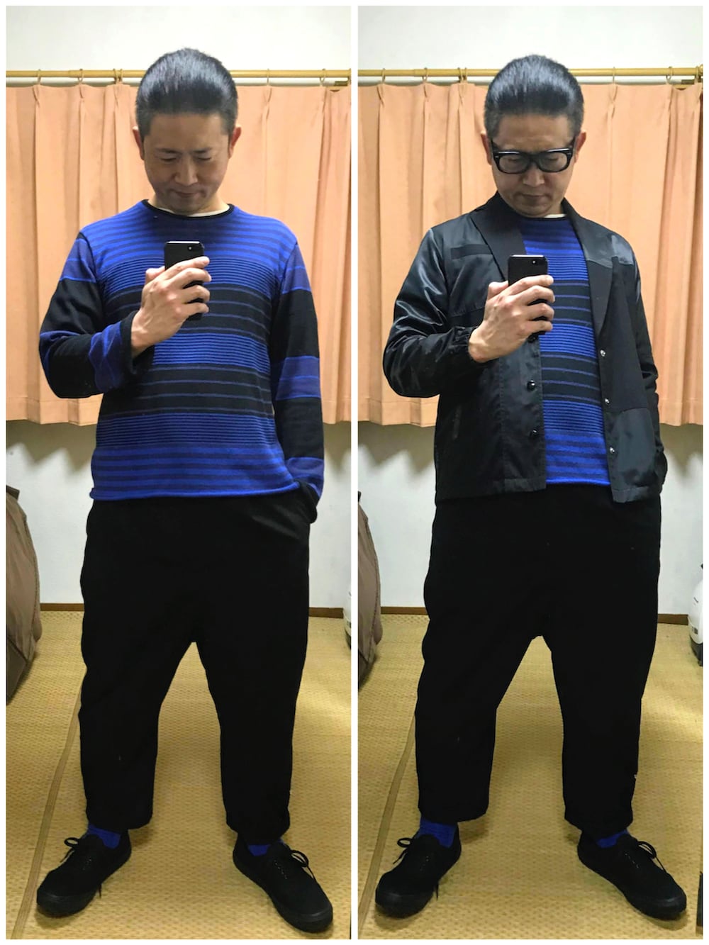 ブラック系のテーラードジャケット、ブラック系のテーラードジャケット、ブルー系のニット/セーターを着用したメンズの秋コーディネートの2枚目の写真